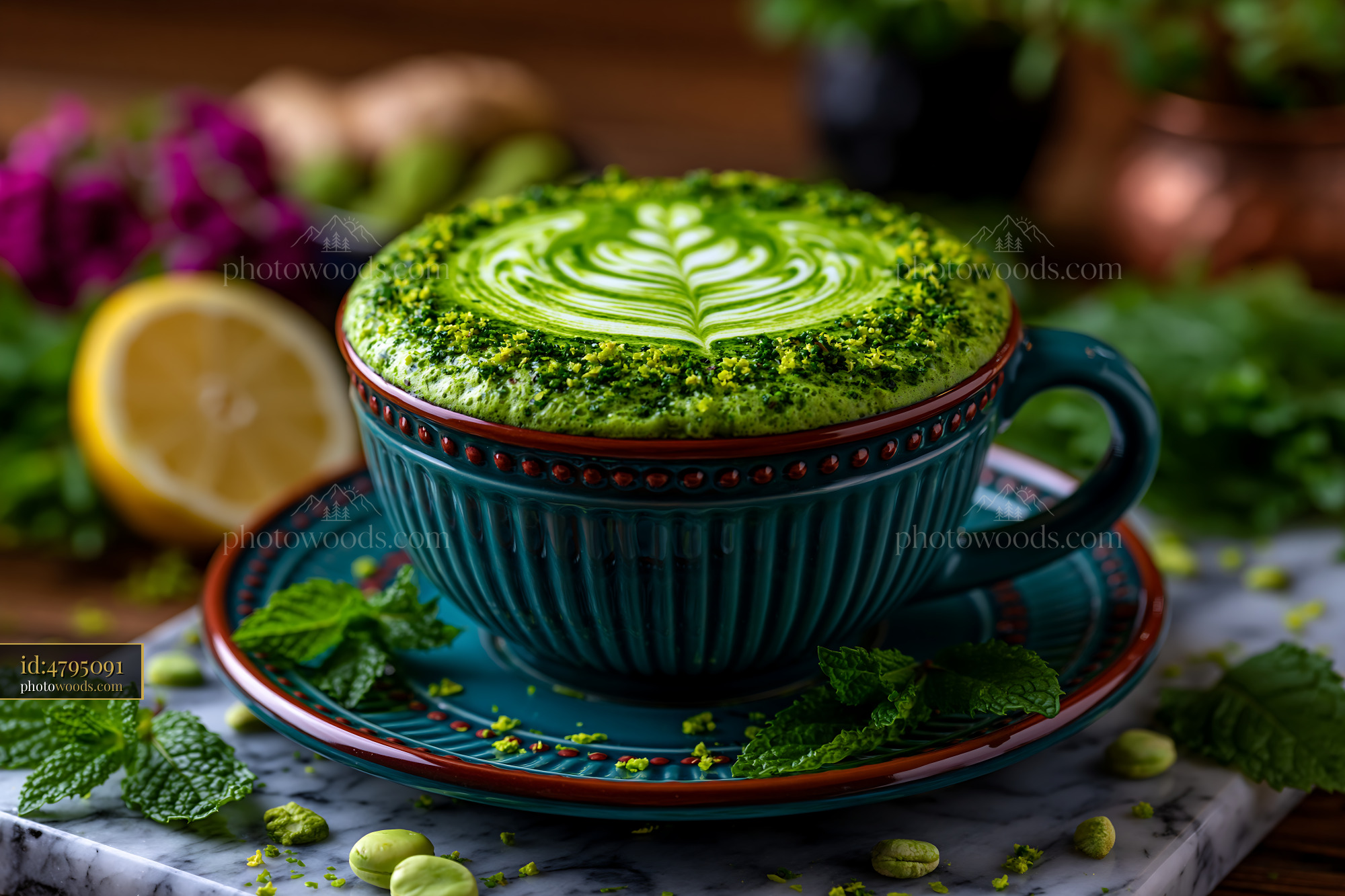 Matcha Latte With Latte Art and Herbs on Marble Surface