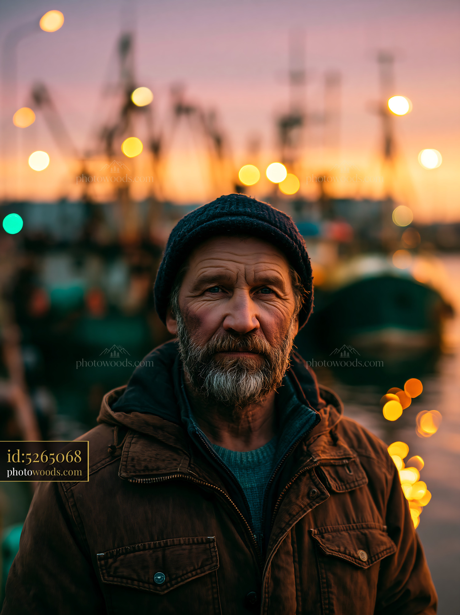 Grizzled Fisherman at Sunset Near Harbor With Boats in Background