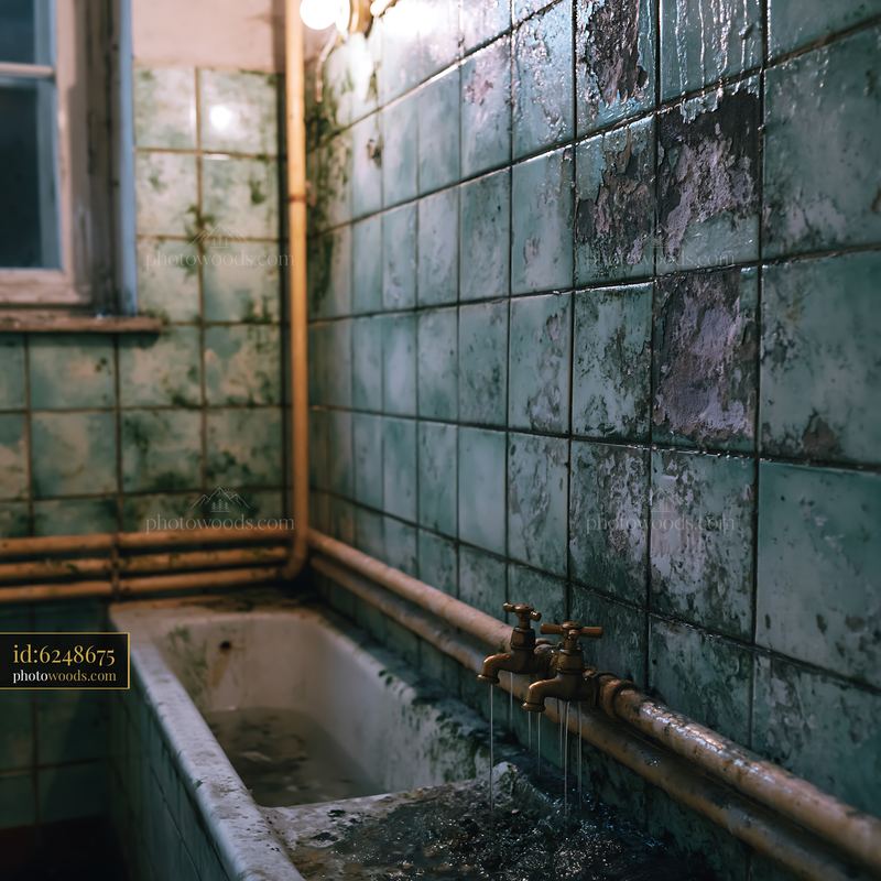 Moldy Bathroom With Broken Tiles and Leaking Faucets
