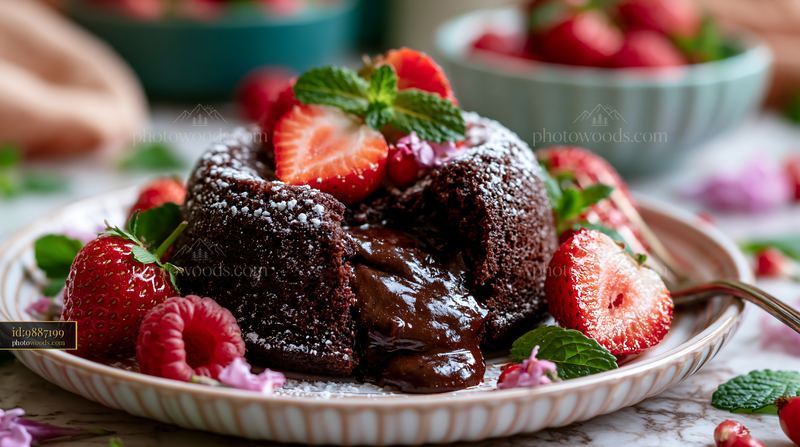 Chocolate lava cake with strawberries and raspberries
