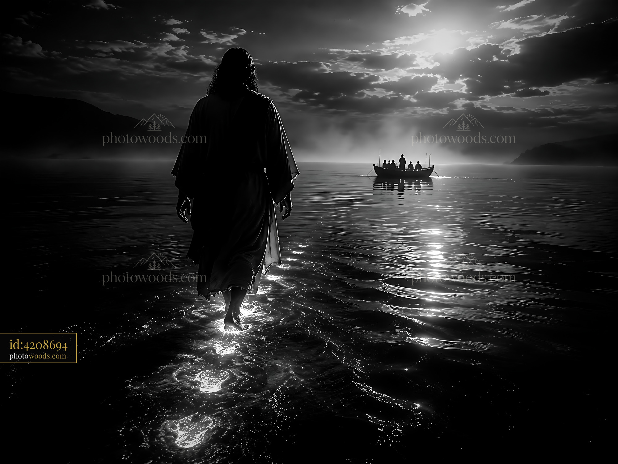 Man Walking on Water While Boat Travels in Background at Sunset