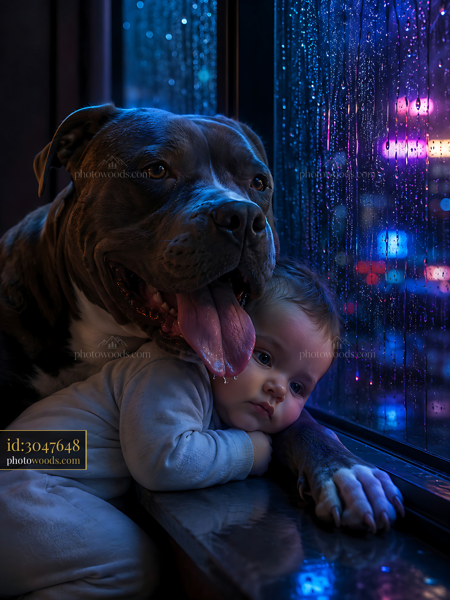 Dog Sits by Window With Baby During Rain at Night
