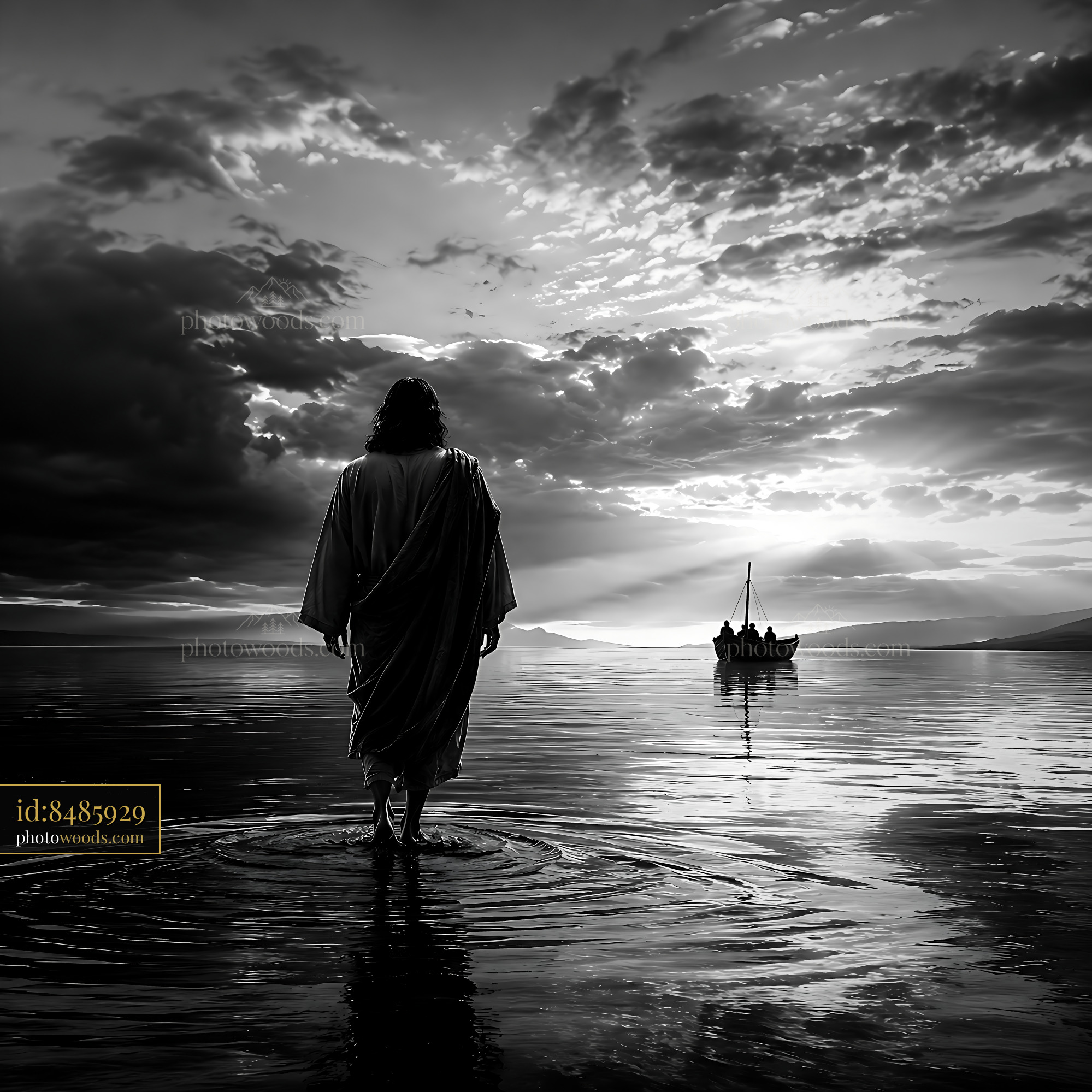 Man Walking on Water With Clouds and Boat in the Background