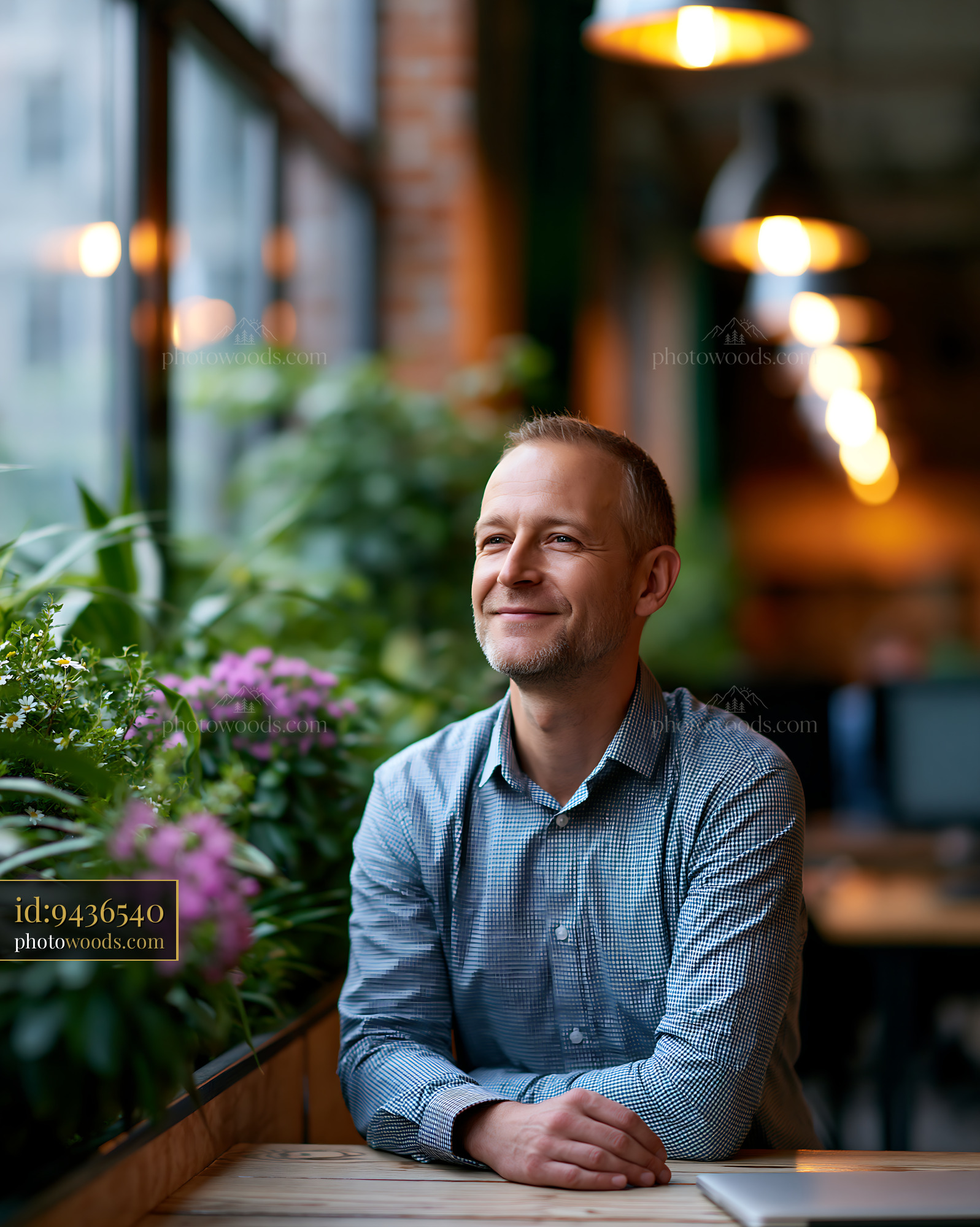 Man Looking out the Window of a Workspace With Plants