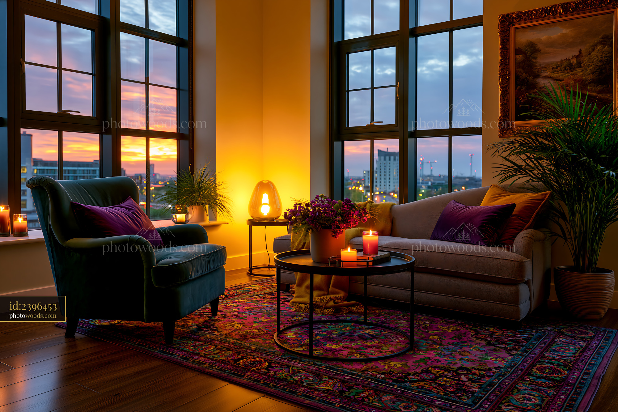 Minimalist Living Space With Gallery Walls at Sunset in City