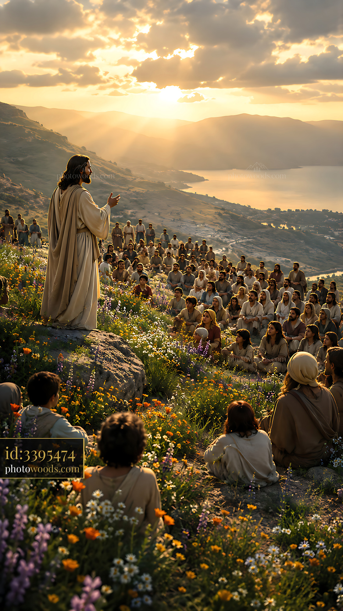 Jesus Teaches a Large Crowd on a Hillside During Sunset