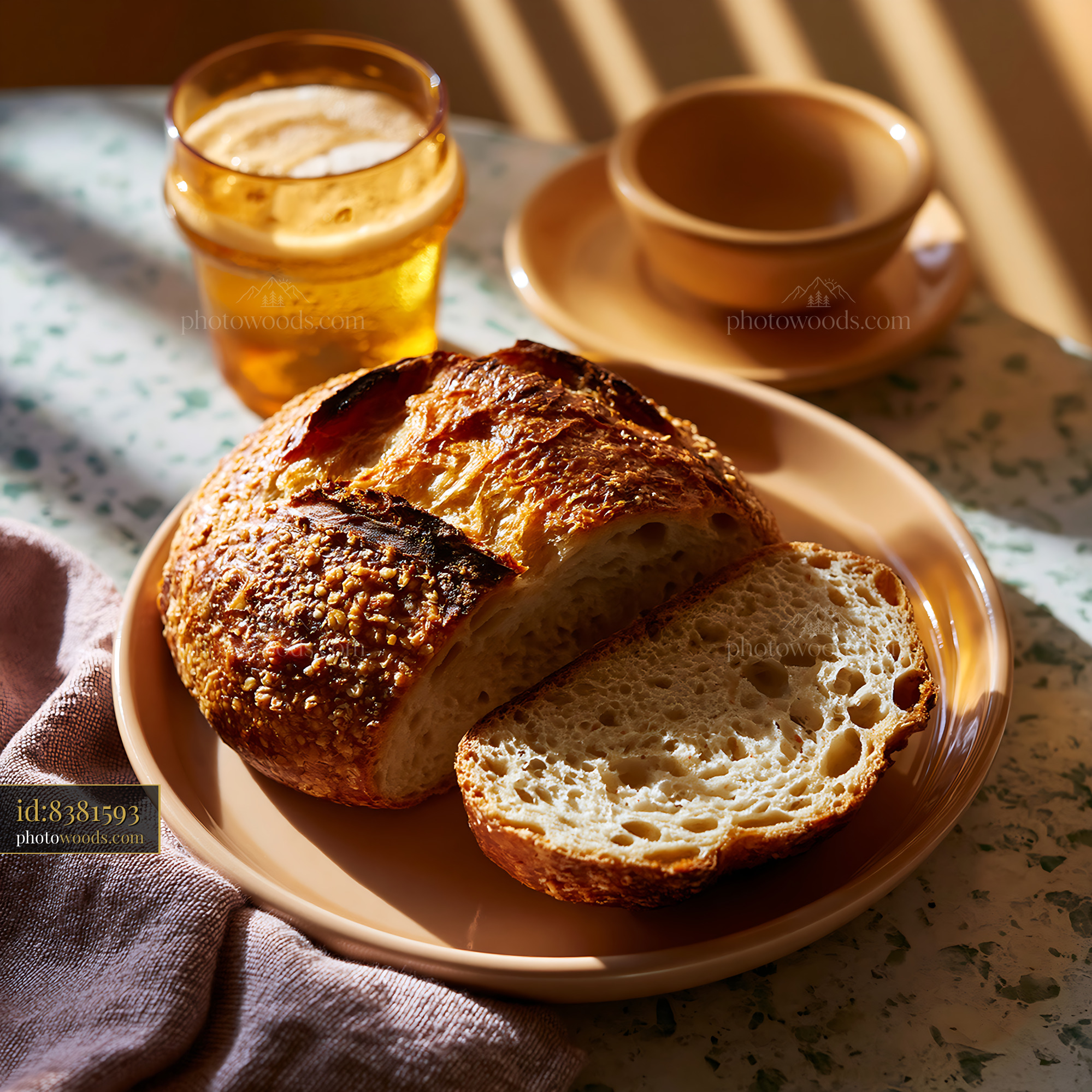 Rustic Sourdough Loaf on a Plate With Drink in Soft Light