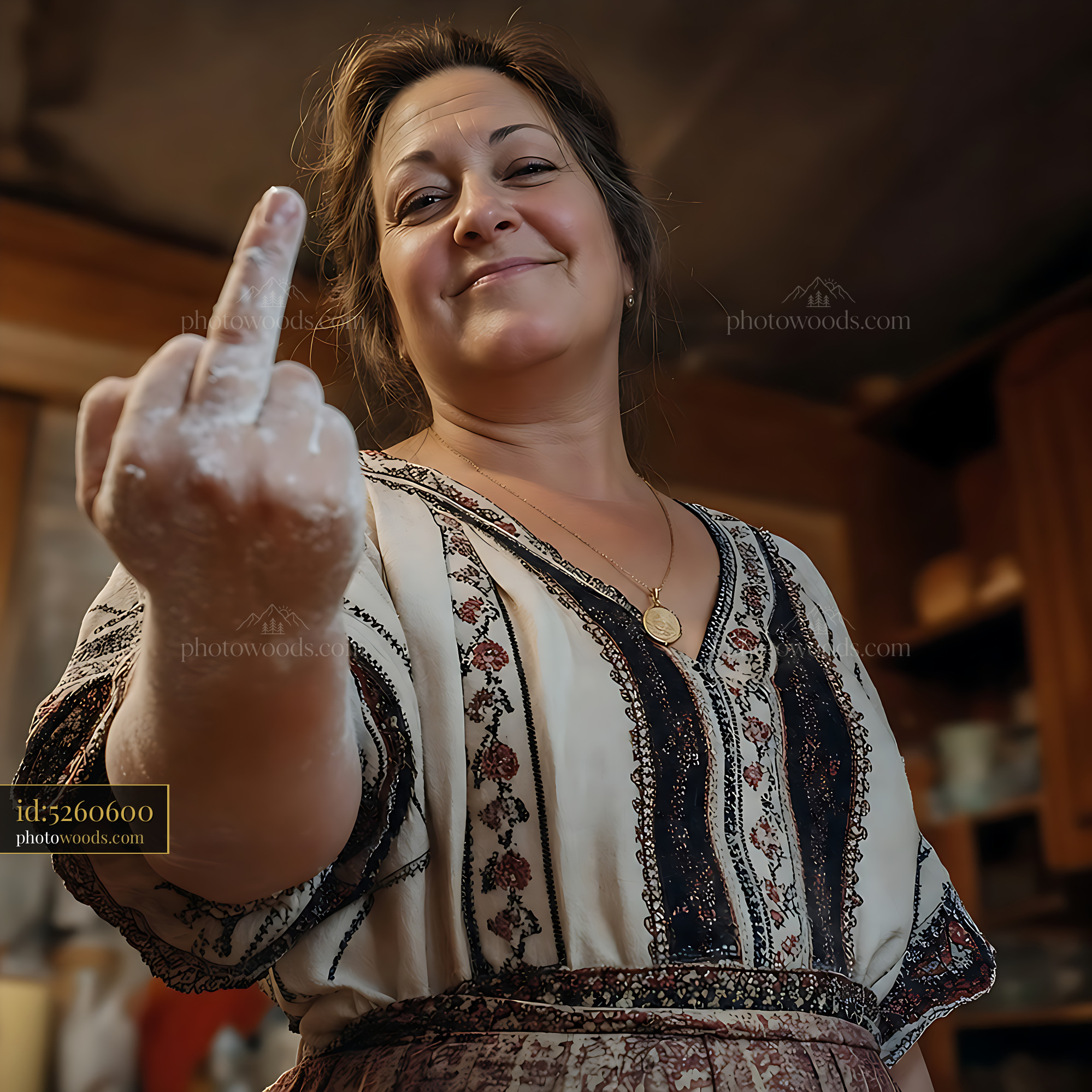 Woman Showing Middle Finger With Flour on Her Hand in Kitchen