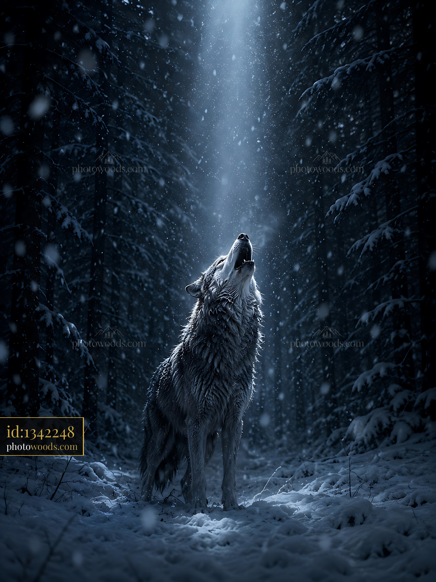 Wolf Howls Under Moonlight in Snowy Forest at Night