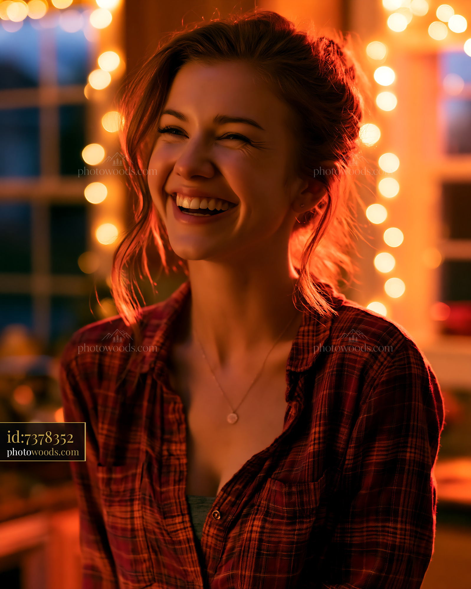 Woman Smiling in a Cozy Kitchen With Warm Lights