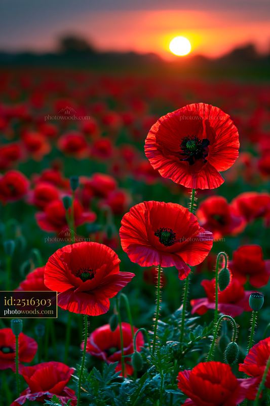 Poppies Bloom in a Field at Sunset With Vibrant Red Colors