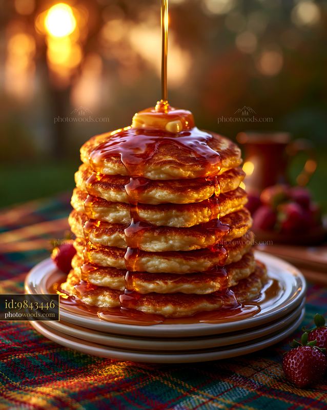 Stack of pancakes with butter and maple syrup