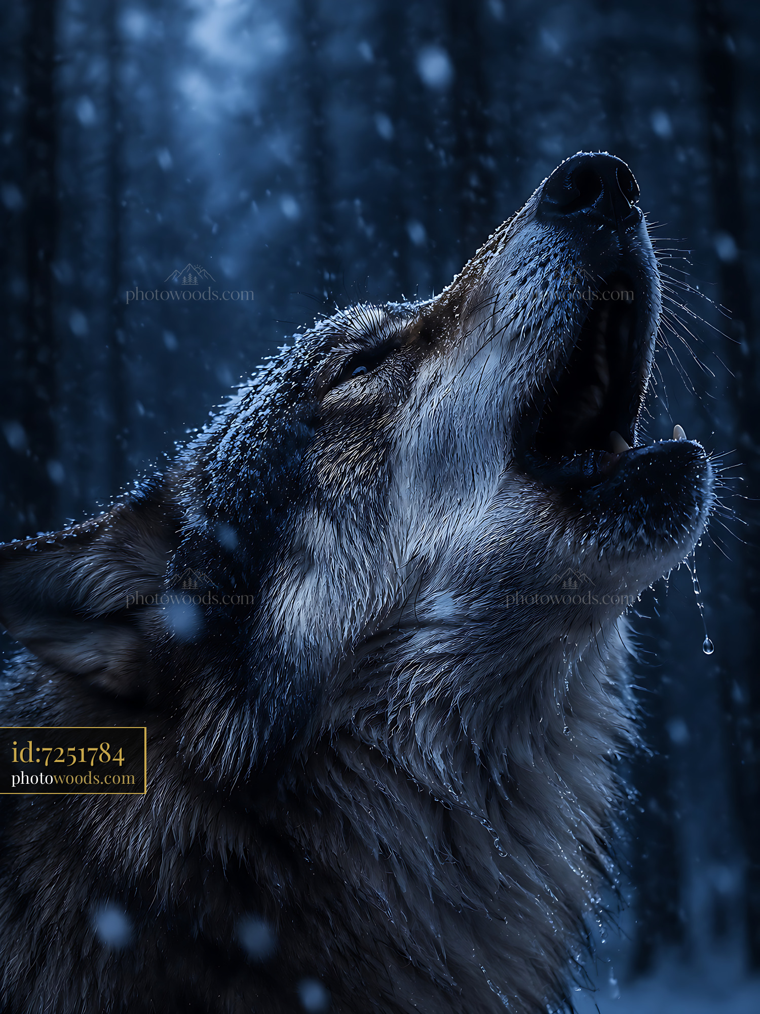 Wolf Howling in the Snow Under a Dark Forest Night Sky