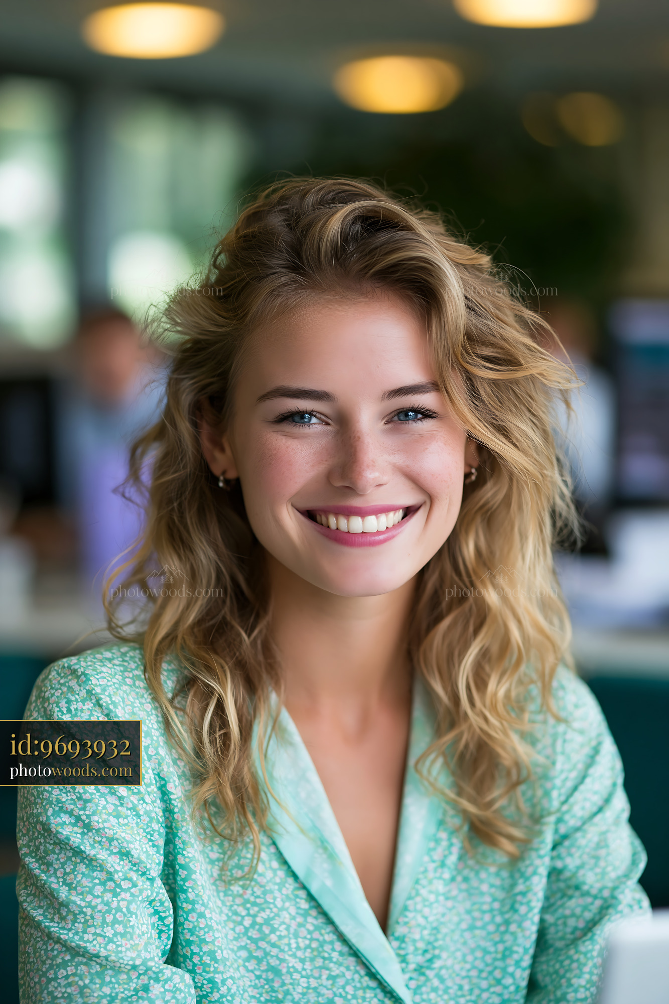 Woman Smiling in an Office Setting With a Casual Outfit