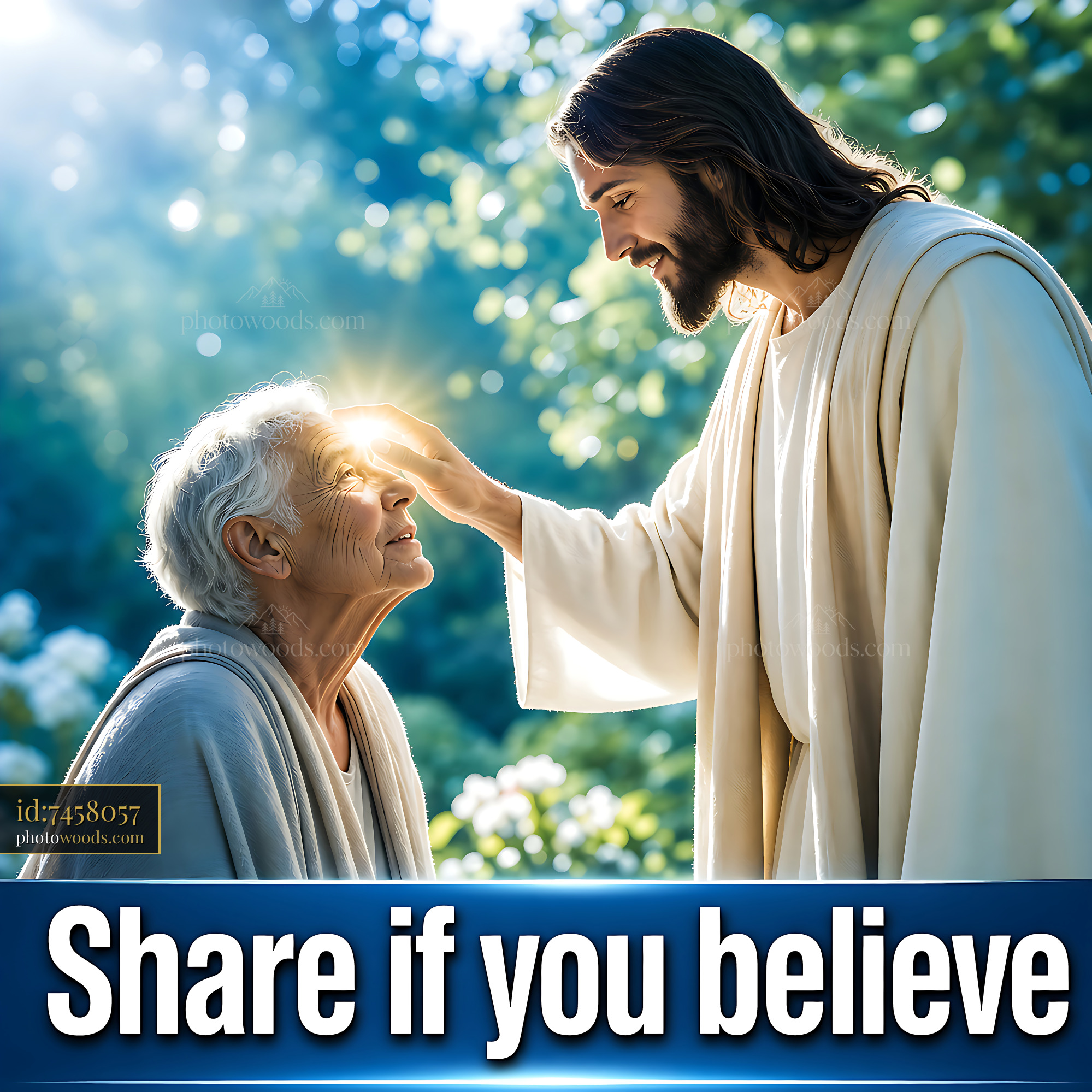 Jesus Healing the Elderly Woman With Warmth in a Serene Garden