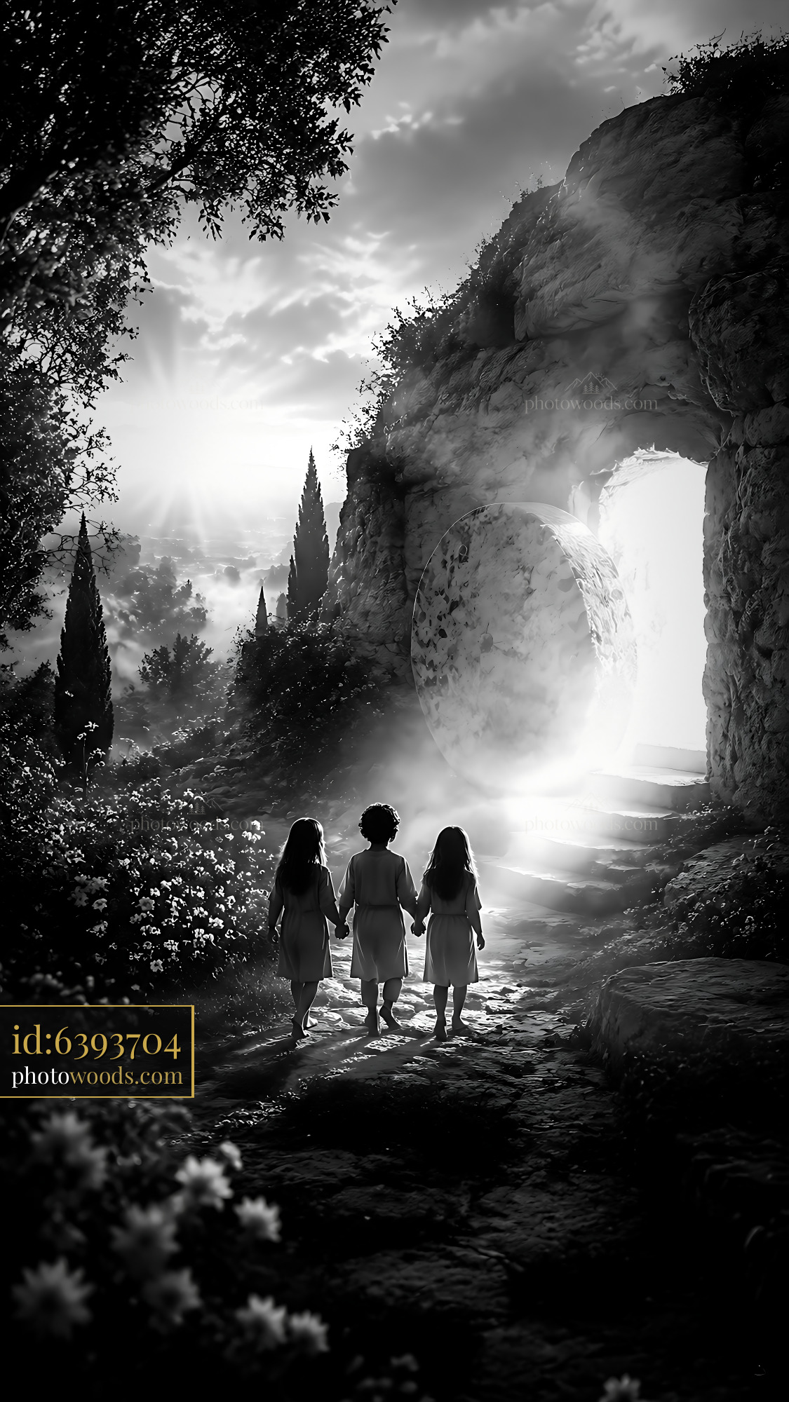 Children Walk Toward Glowing Entrance in Black and White Scene