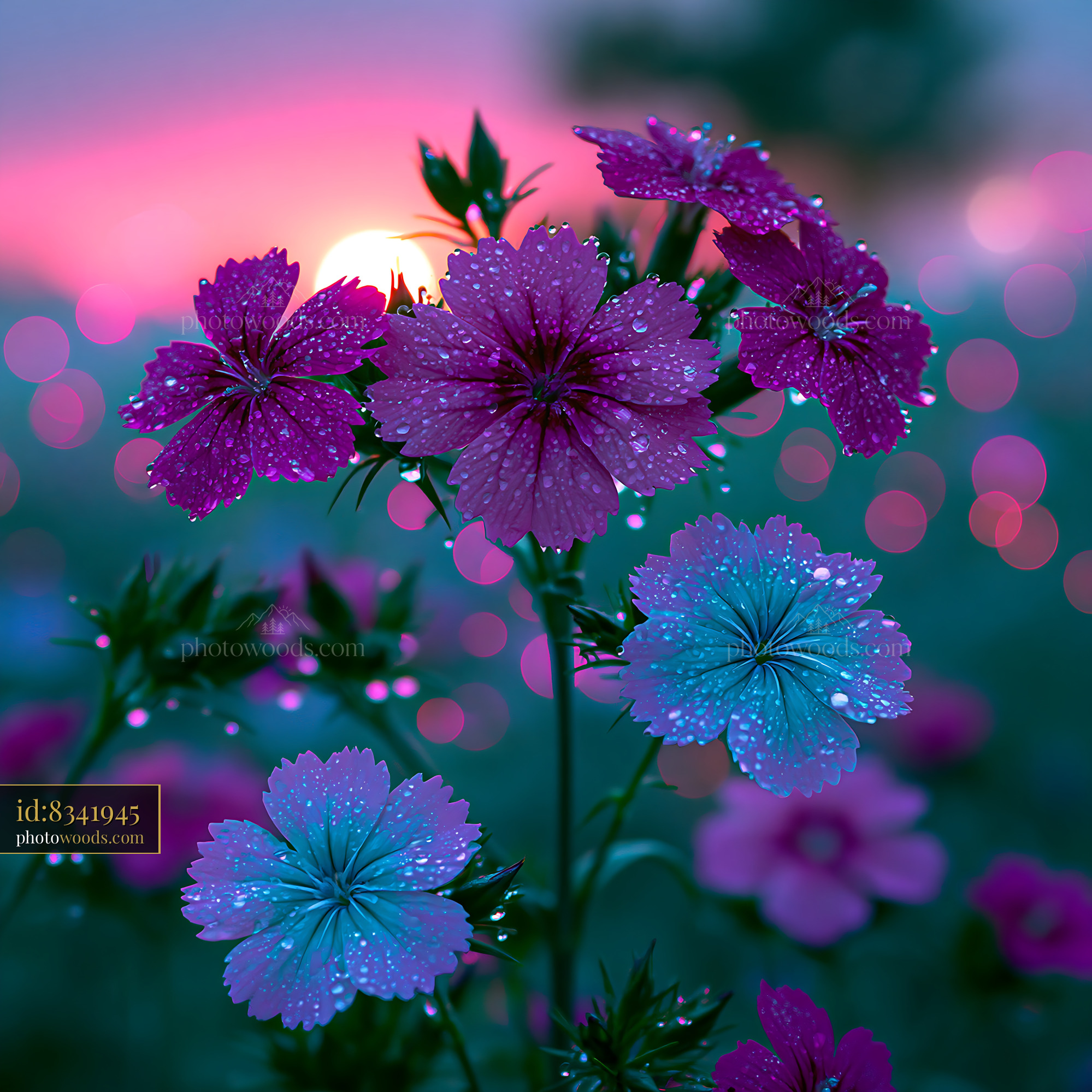 Flowers Glisten With Dew as the Sun Sets in the Background