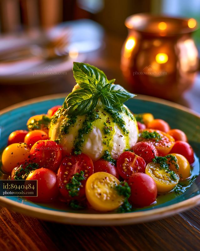 Creamy Burrata With Heirloom Tomatoes and Basil on a Plate