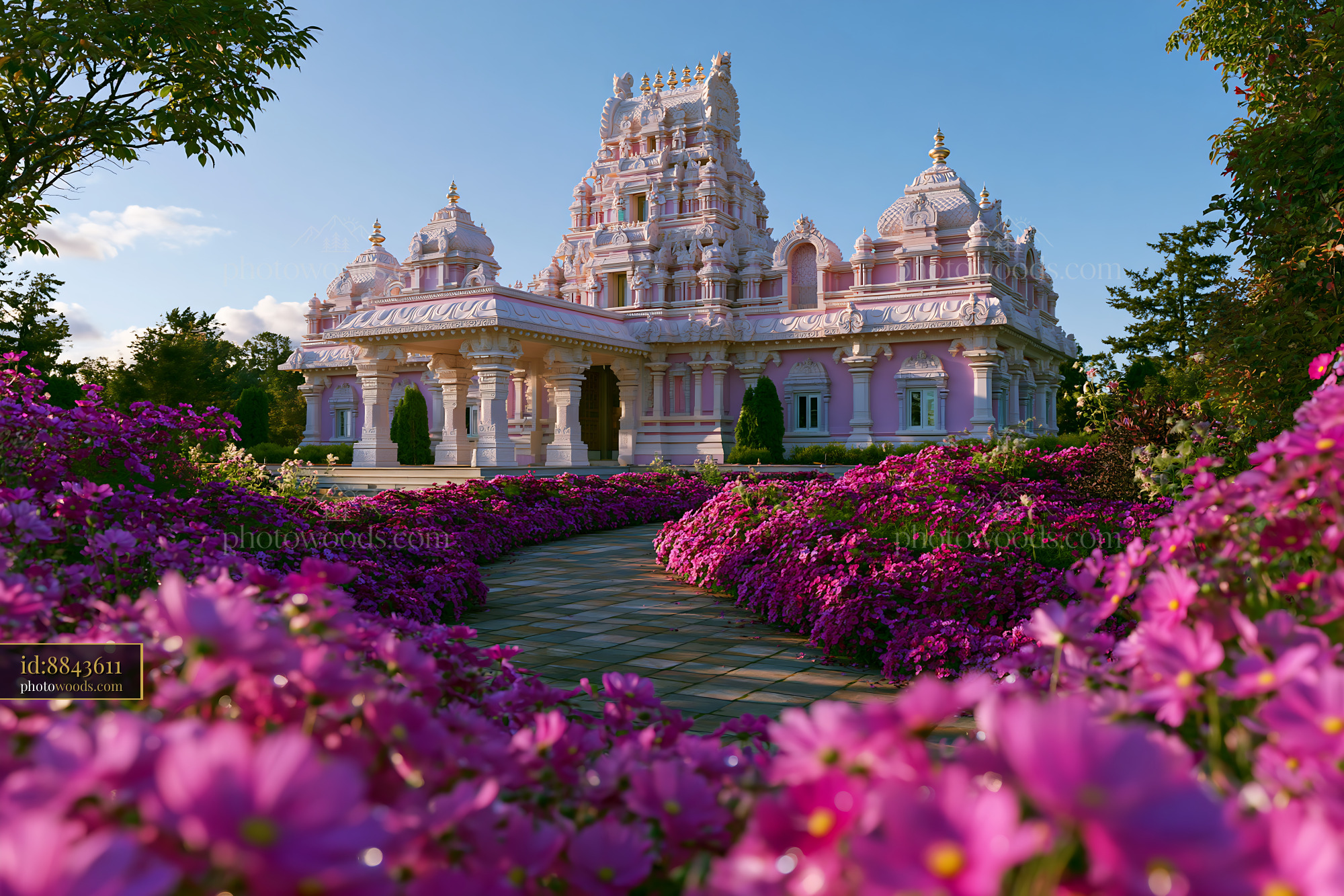 Hindu Temple Surrounded by Vibrant Flowers in a Sunny Garden