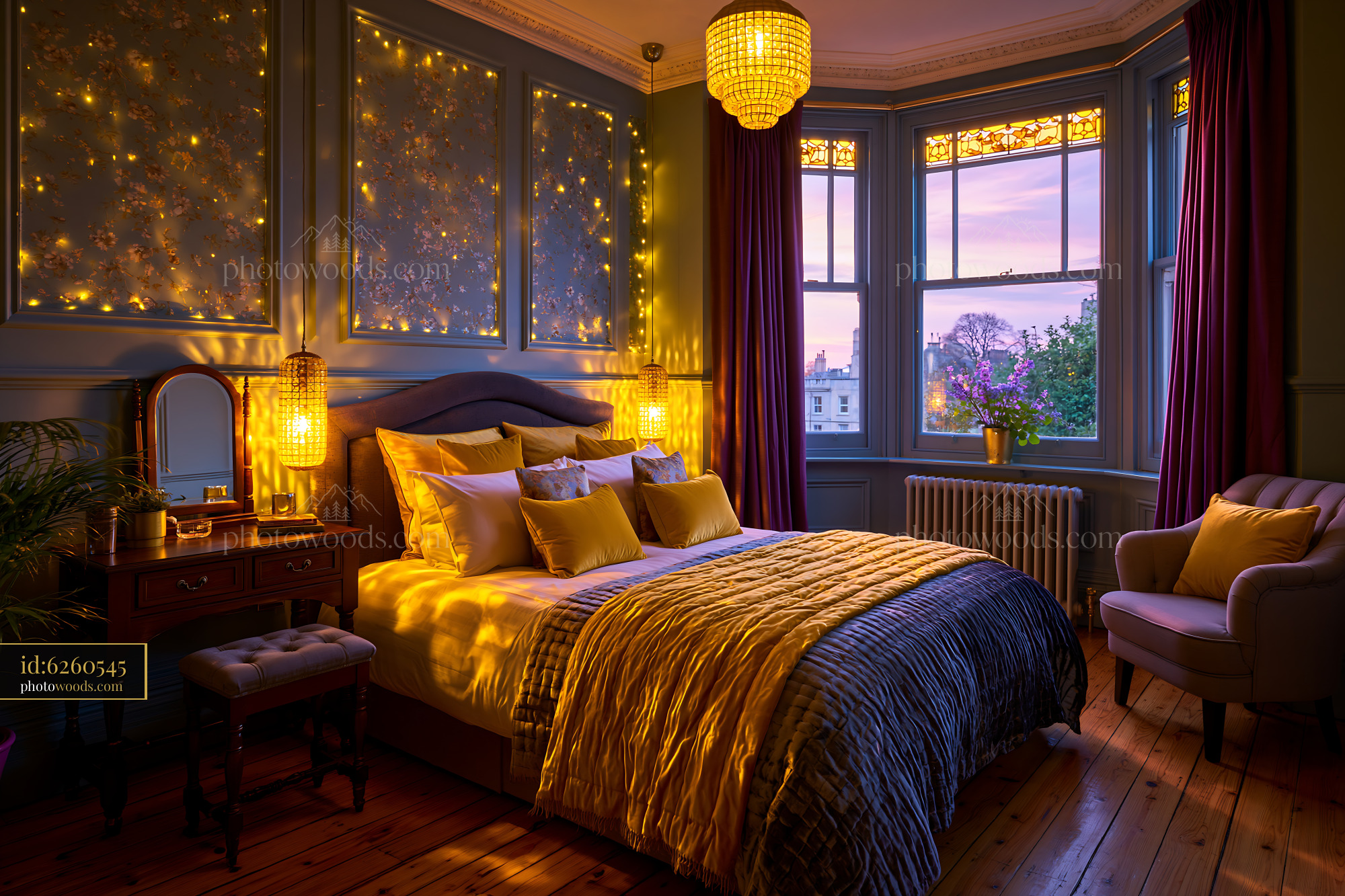 Boutique Hotel Style Bedroom With Cozy Lighting at Sunset