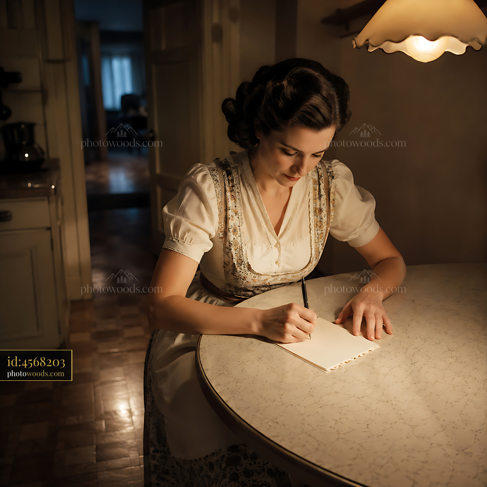 Woman Writing in a Notebook at a Kitchen Table in the Evening