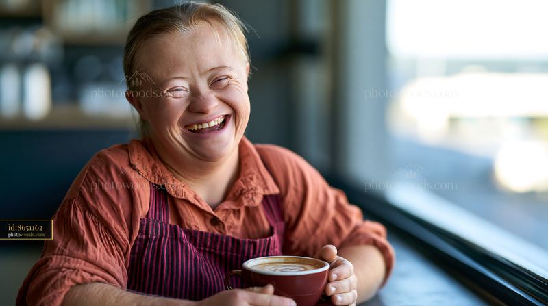 Smiling woman holding a cup of coffee by a bright window