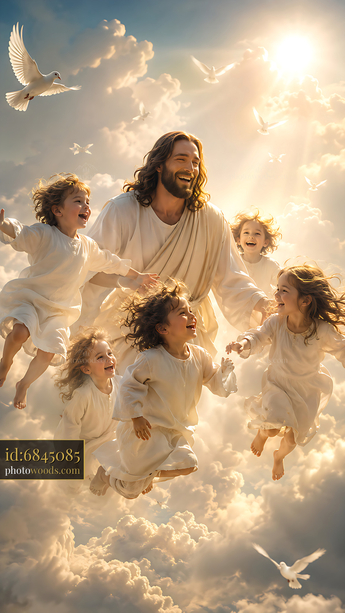 Jesus Holds Children in Clouds With Doves Flying Around