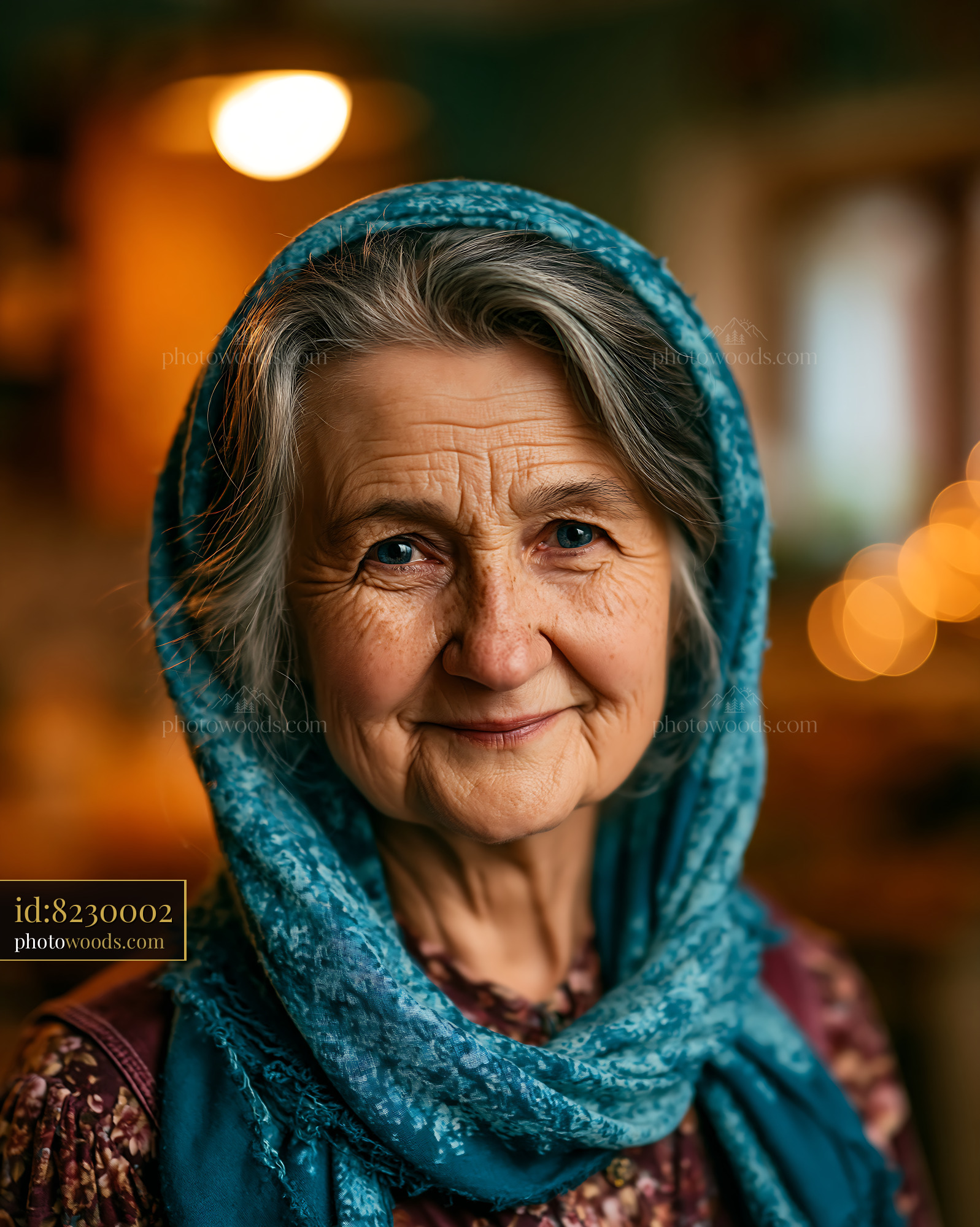 Elderly Woman Wearing a Headscarf Smiles Warmly in a Cozy Setting