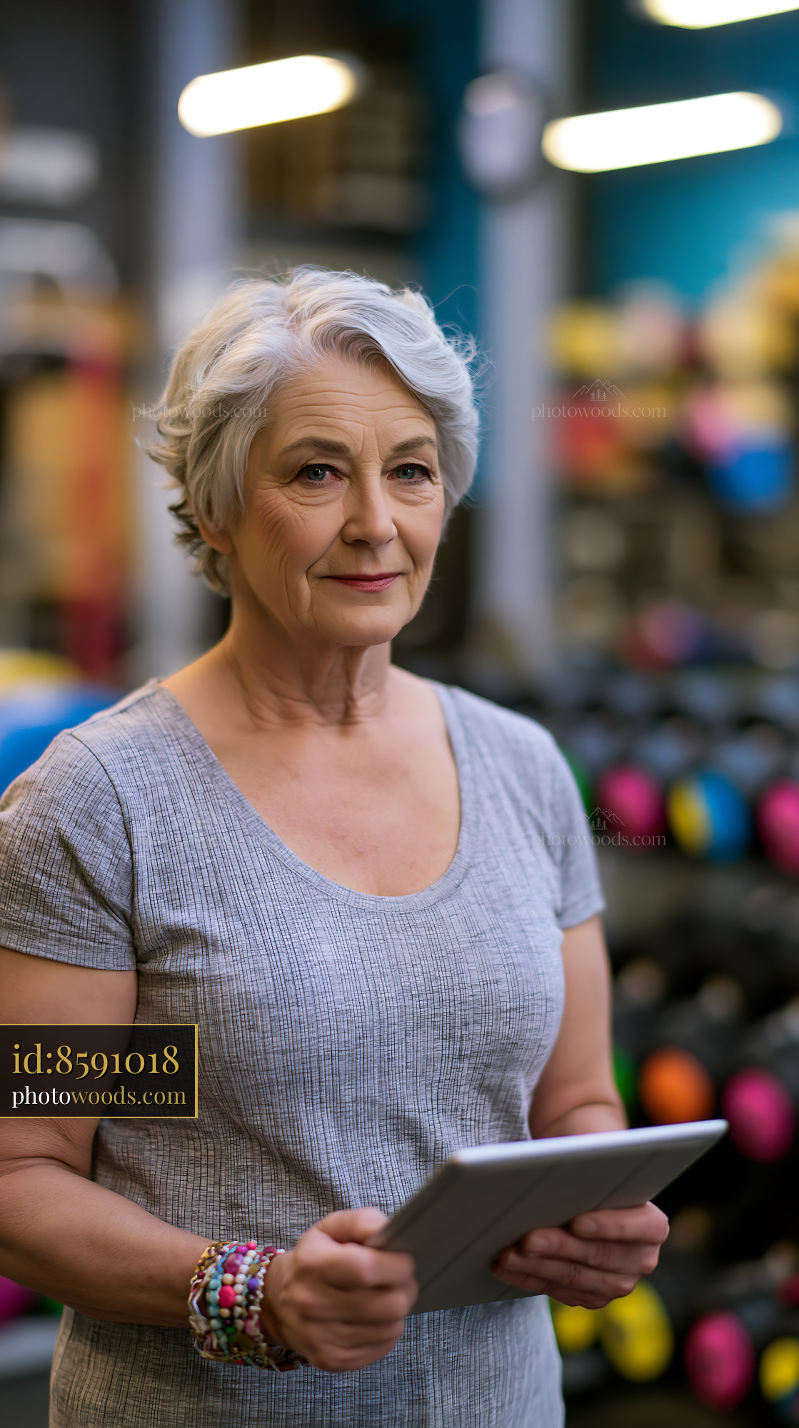 Senior Woman With Tablet in Fitness Center During Training Session