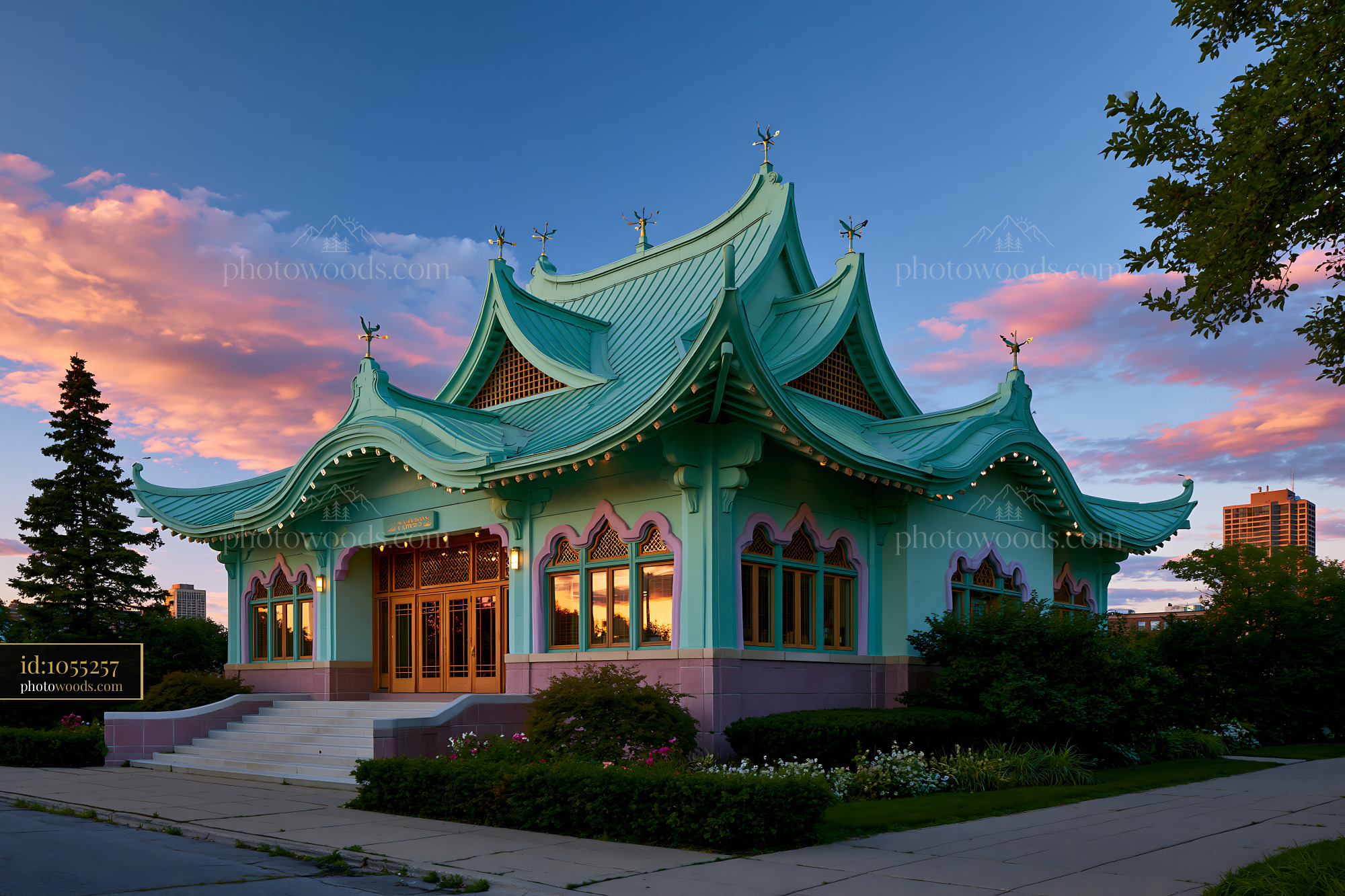 Chinese Cultural Building in Midwestern City at Sunset