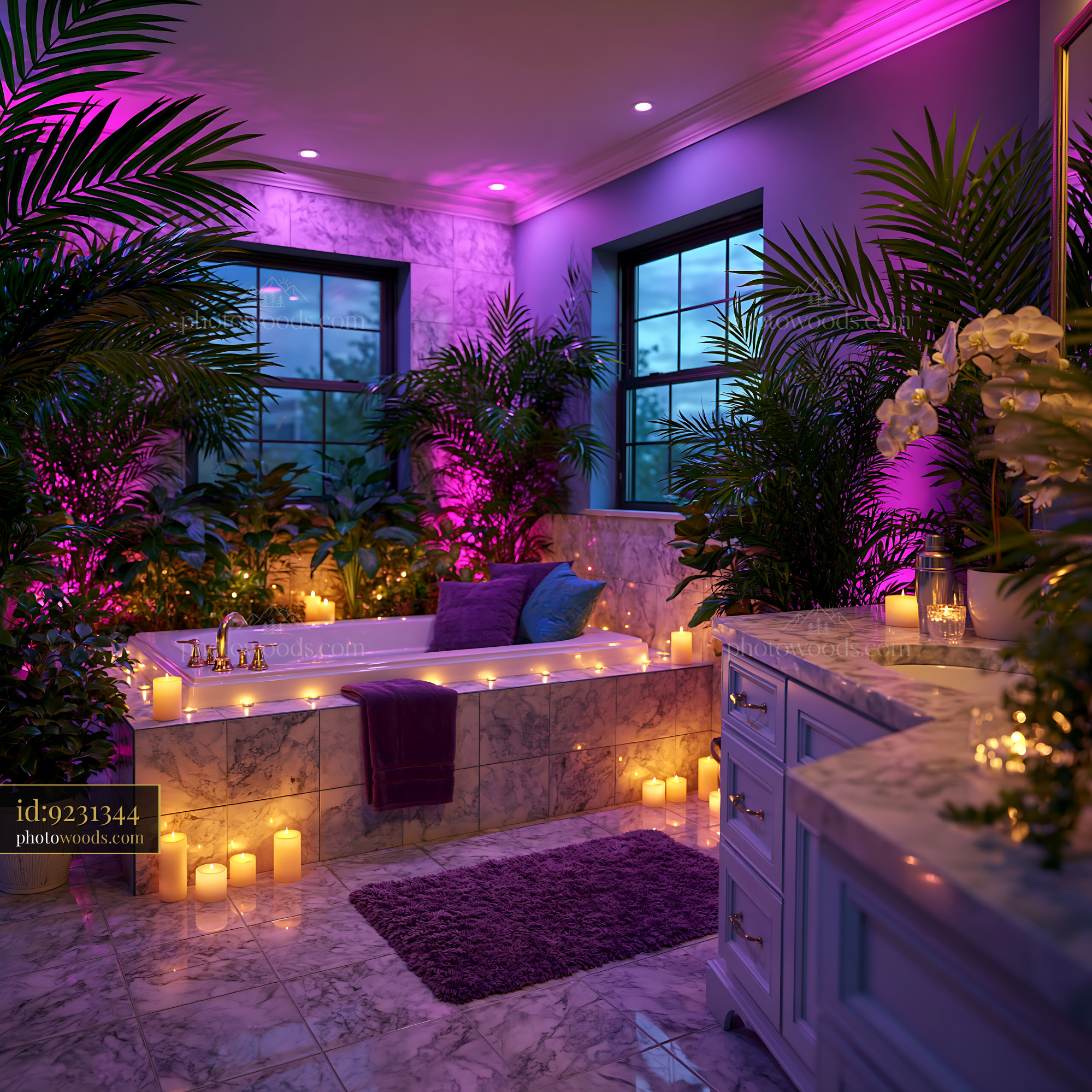 Marble Master Bathroom With Plants and Candles in Relaxing Setting