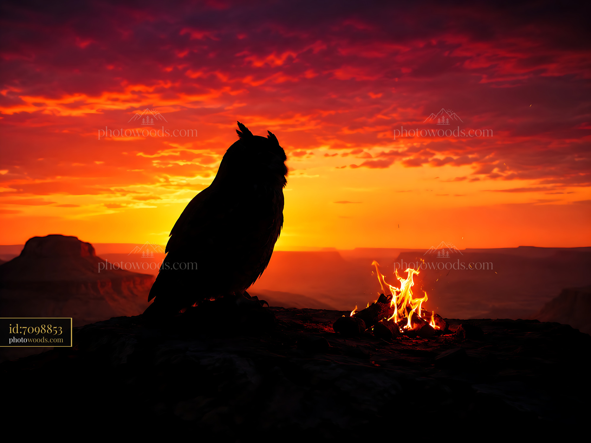 Owl Watches Fire at Sunset on Mountain Landscape