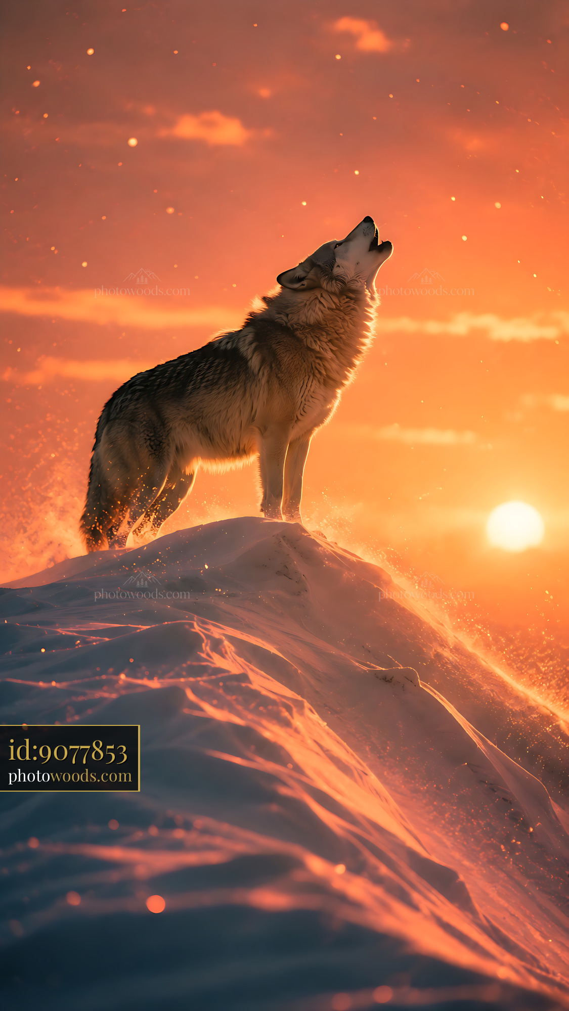 Wolf Howls at Sunset on Snowy Hilltop
