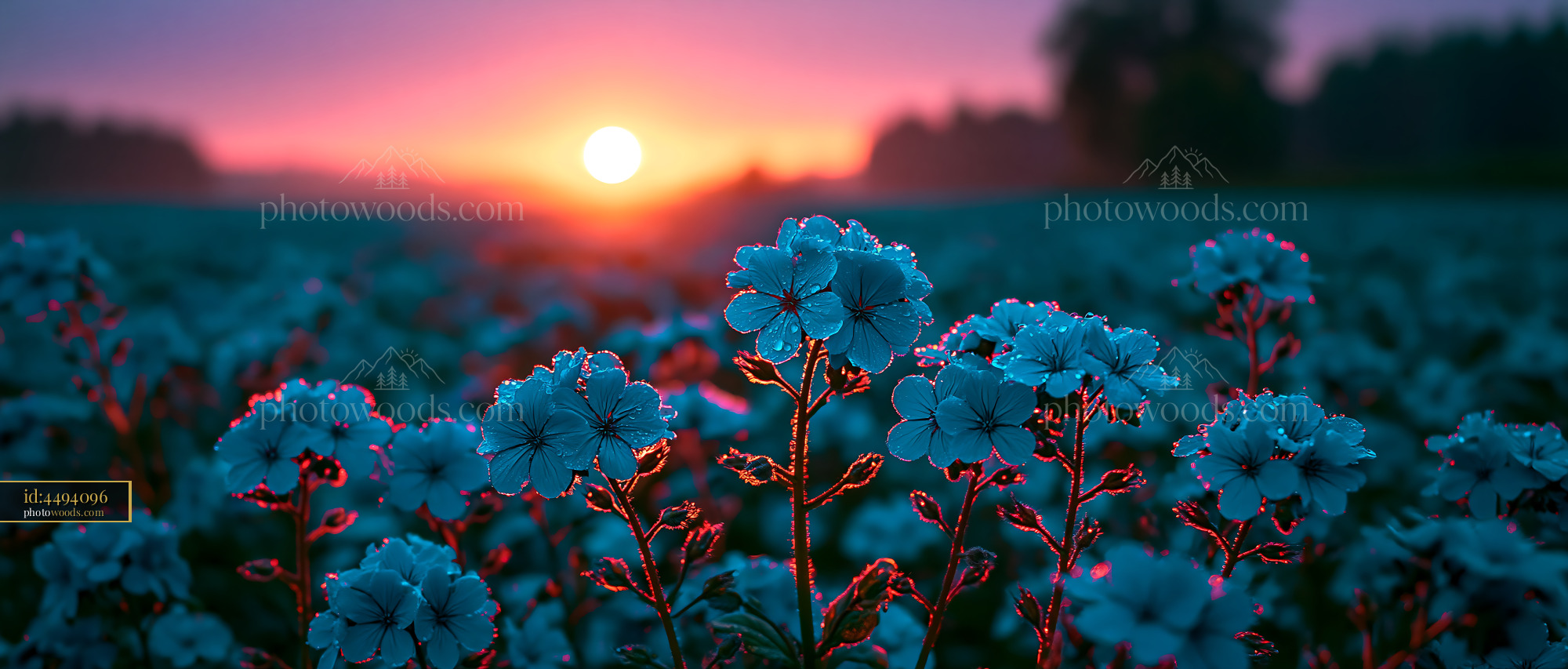Flowers in the Field With Sunset and Dew Drops Creating Colors