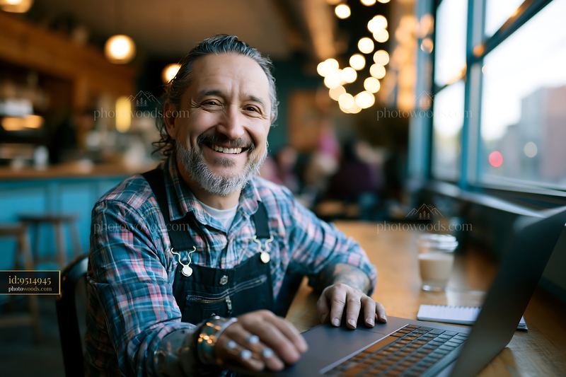 Smiling man using a laptop in a warmly lit cafe