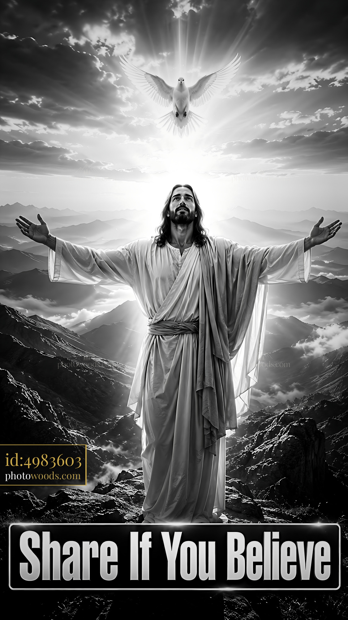 Jesus Stands With Arms Open Wide Among Mountains and Light