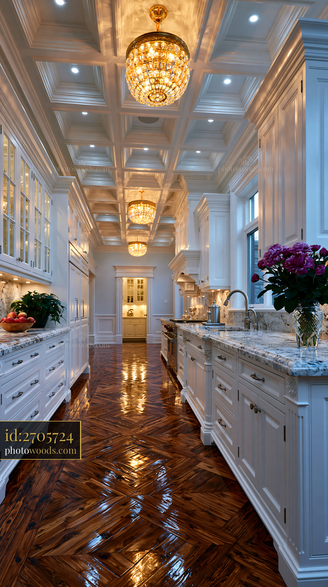 Elegant Kitchen With Coffered Ceiling and Polished Wood Floor