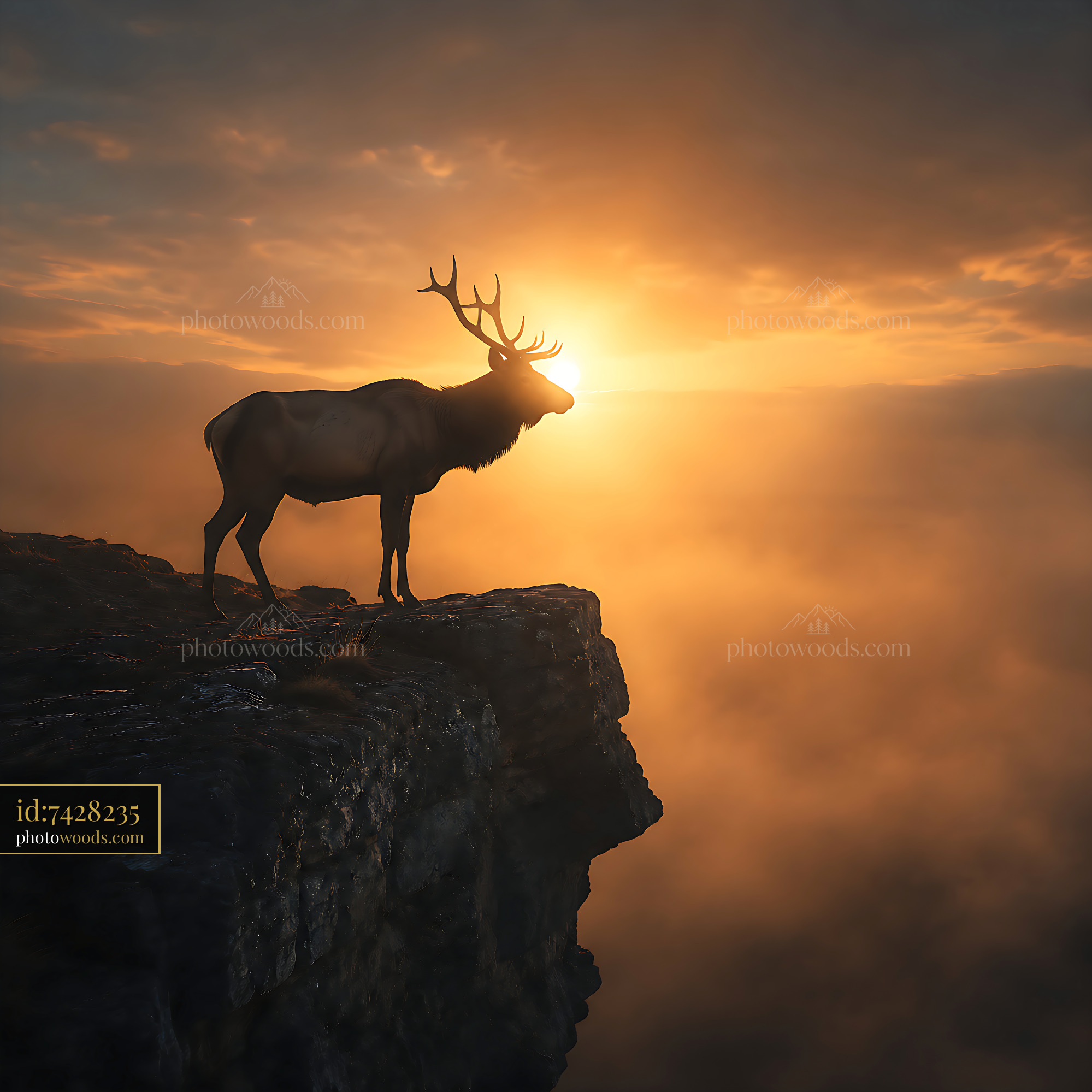 Elk Standing on Cliff at Sunset With Fog Below
