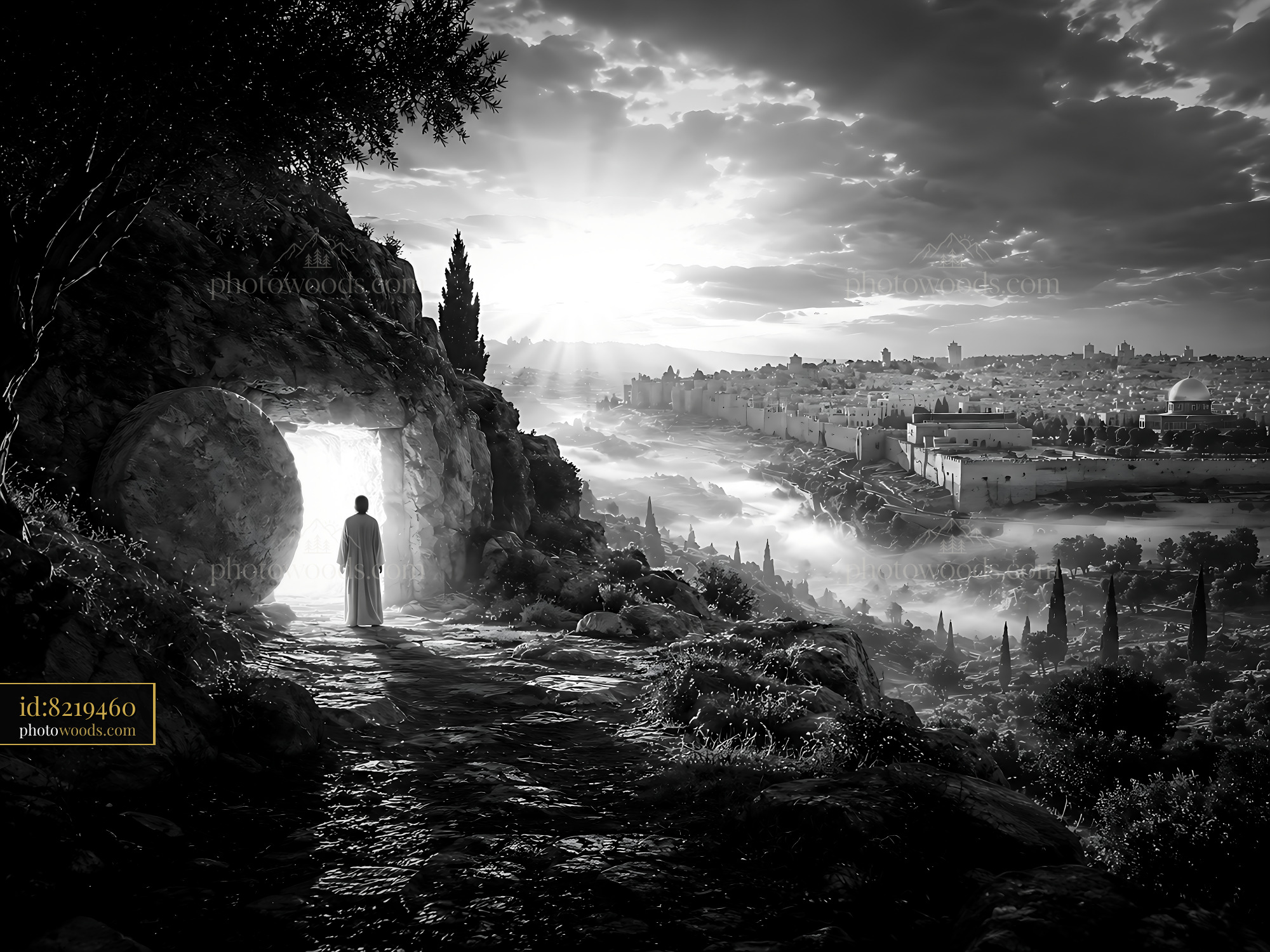 Figure Stands at the Entrance of a Cave, Overlooking a City