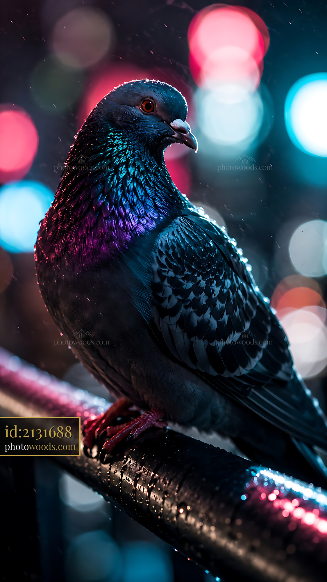 Pigeon Perched on a Wet Railing at Night Amidst Colorful Lights