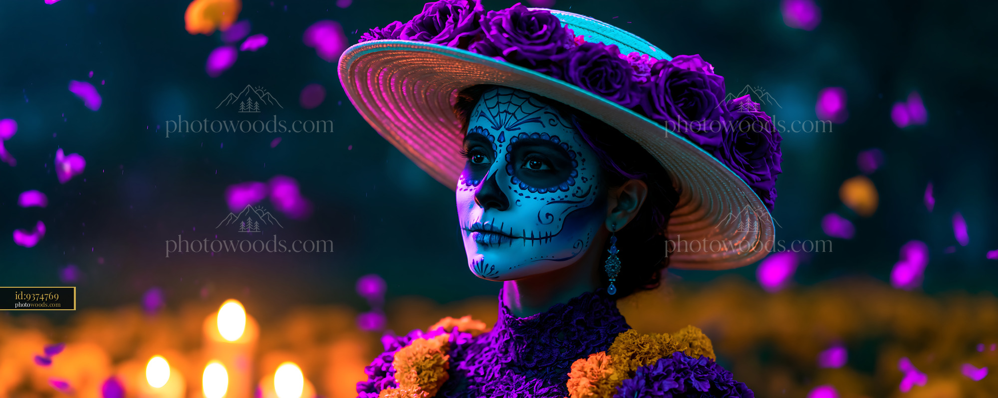Portrait of a woman with sugar skull face paint and floral hat