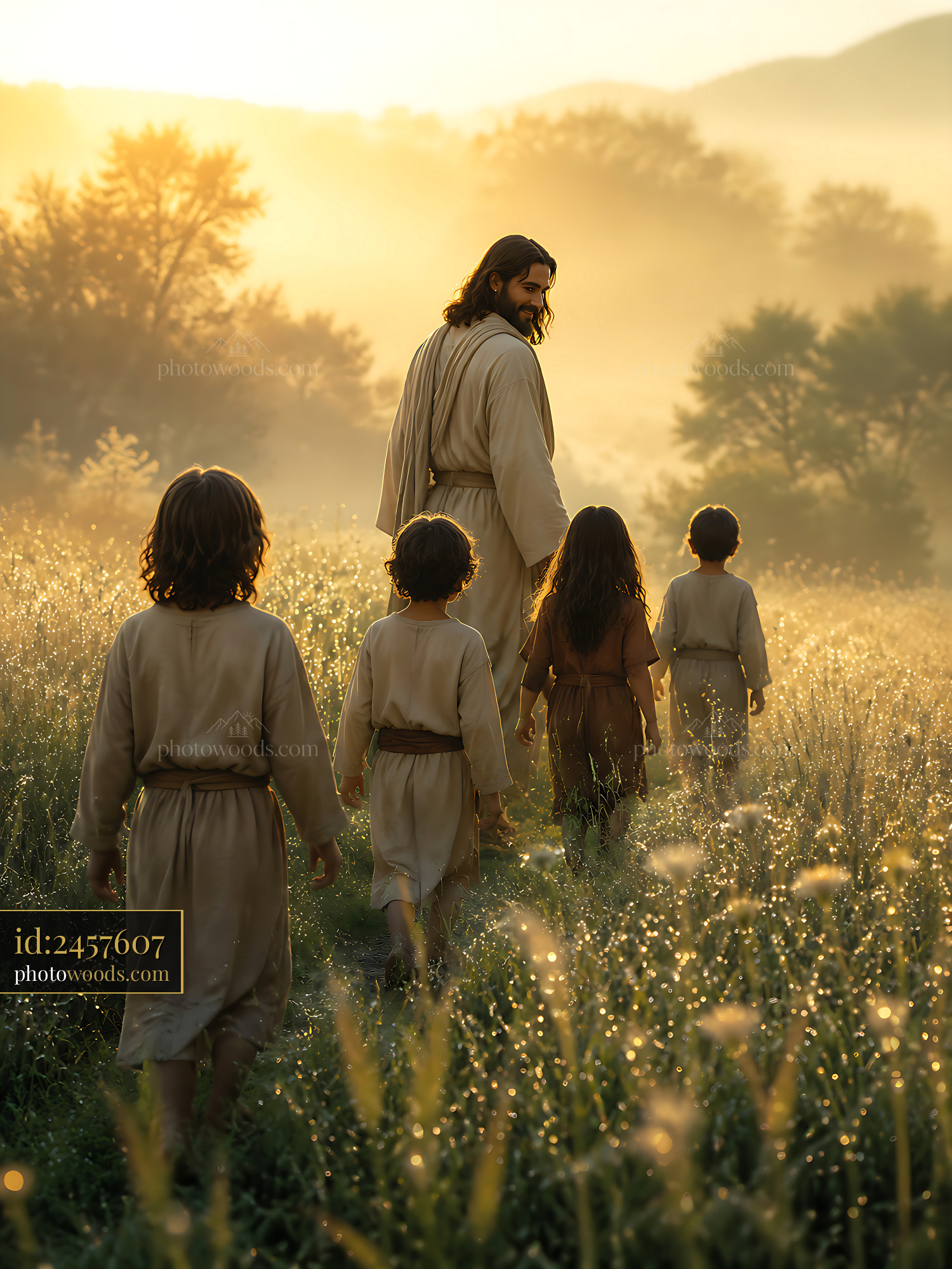 Jesus Walking in a Field With Children During Sunrise