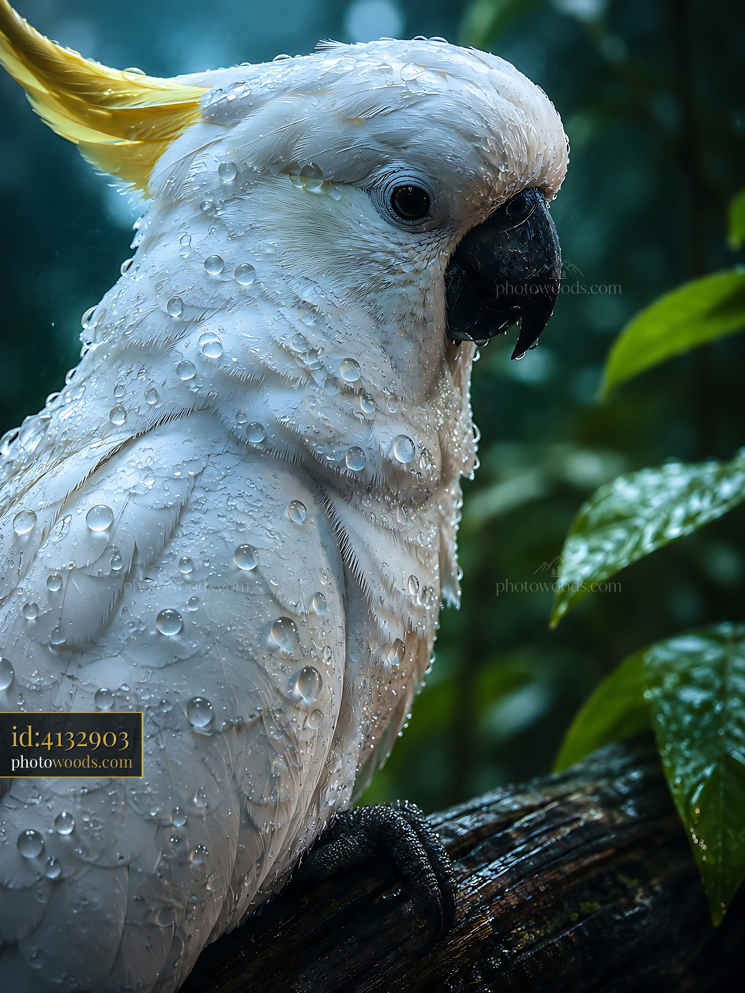 Cockatoo With Water Droplets on Feathers Perched on Log