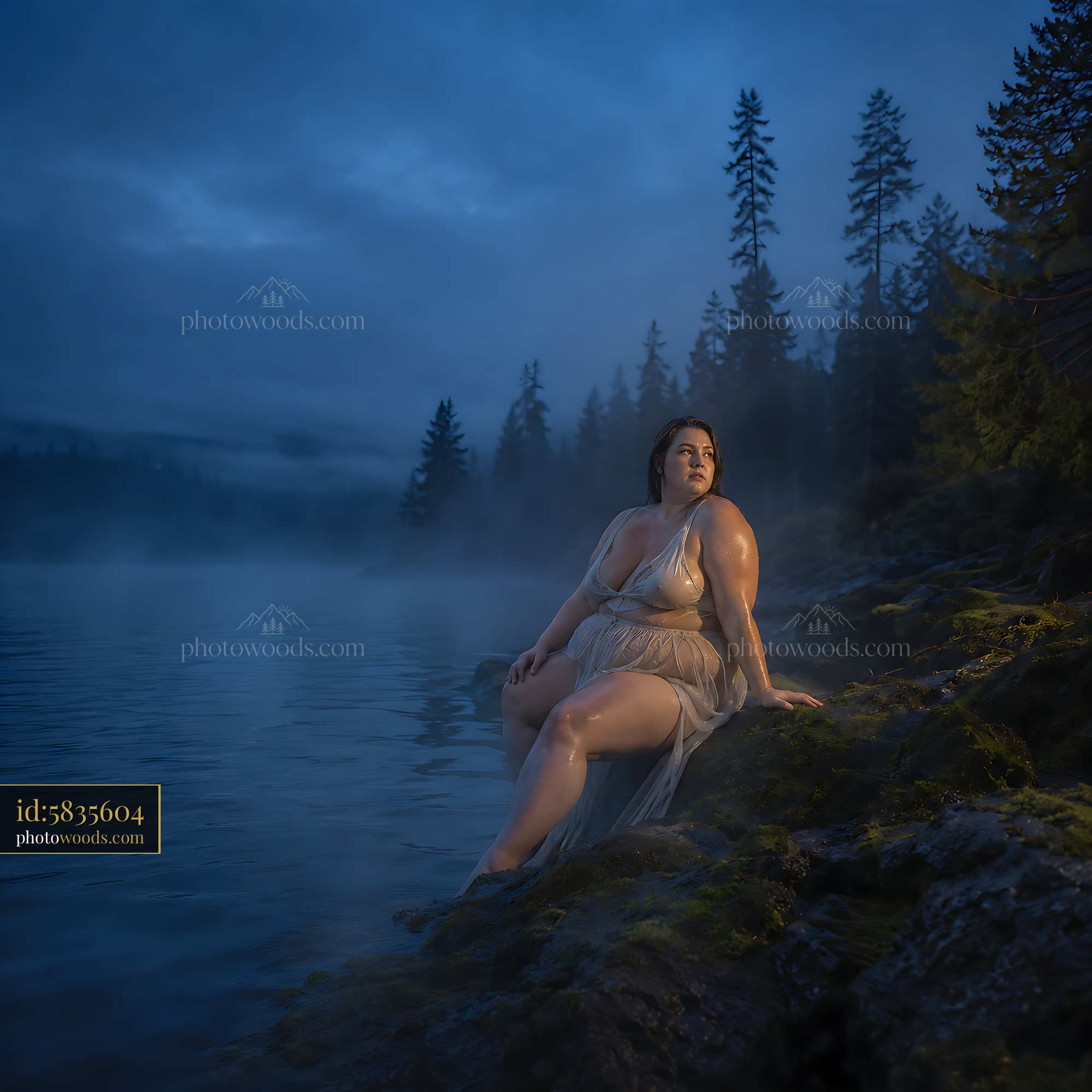 Woman Sitting by Water in Evening Light With Trees in Background