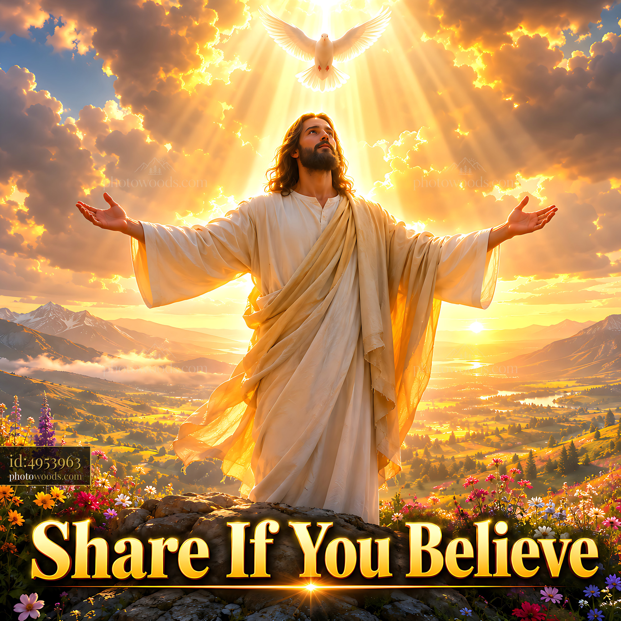 Jesus Stands With Outstretched Arms Surrounded by Light and Nature