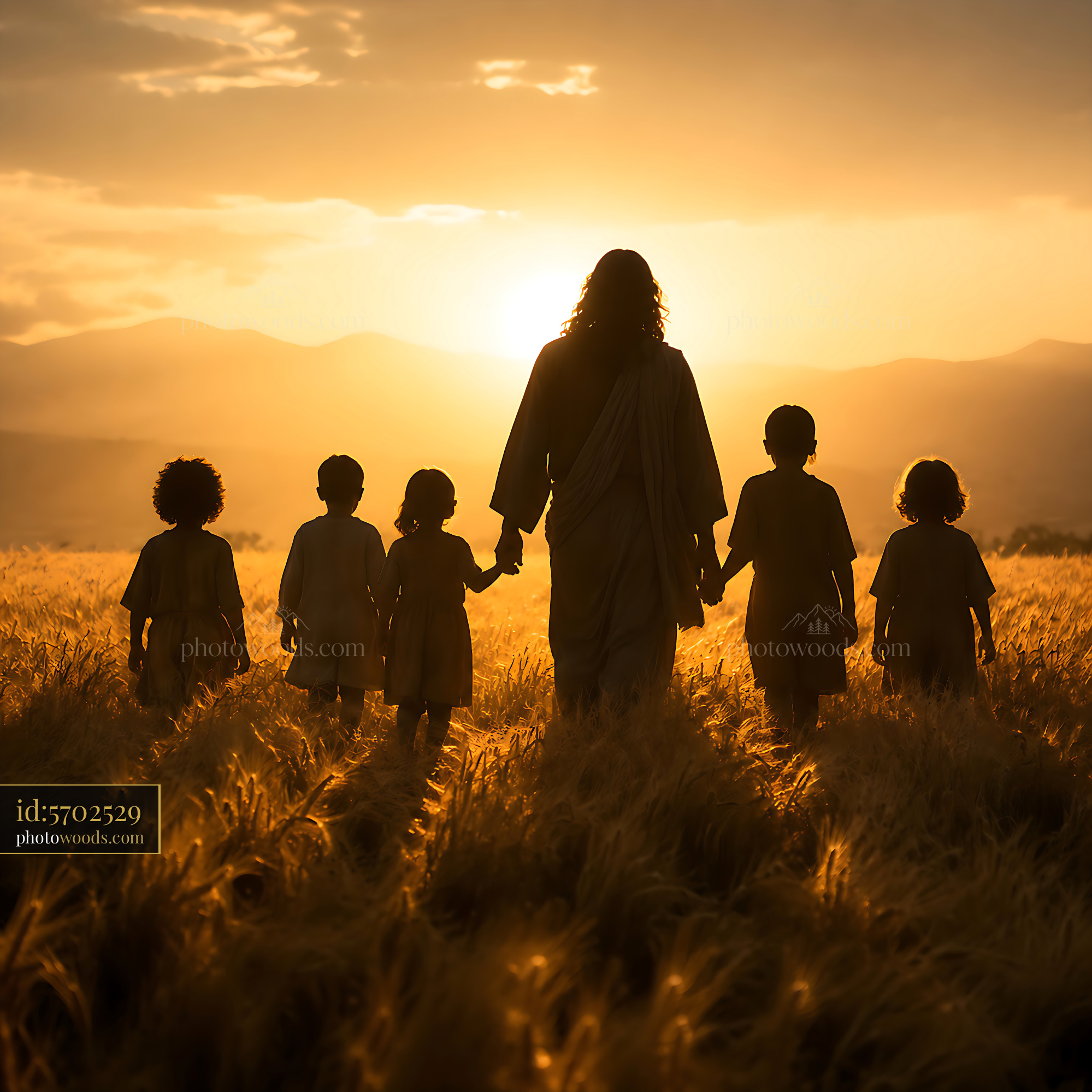 Jesus Walking With Children in a Wheat Field During Sunset