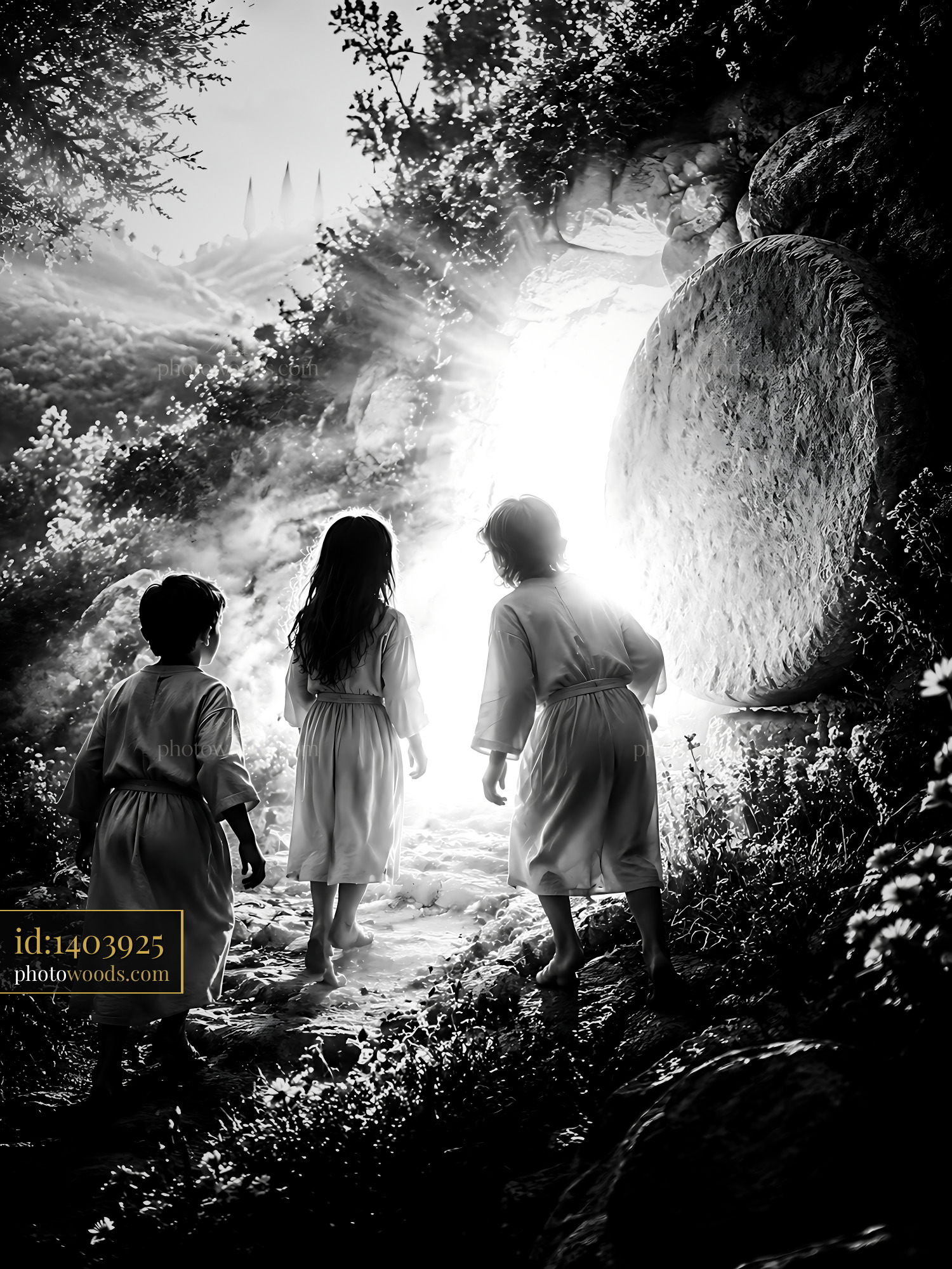 Children Walking Towards Light Through Stone Entrance in Nature