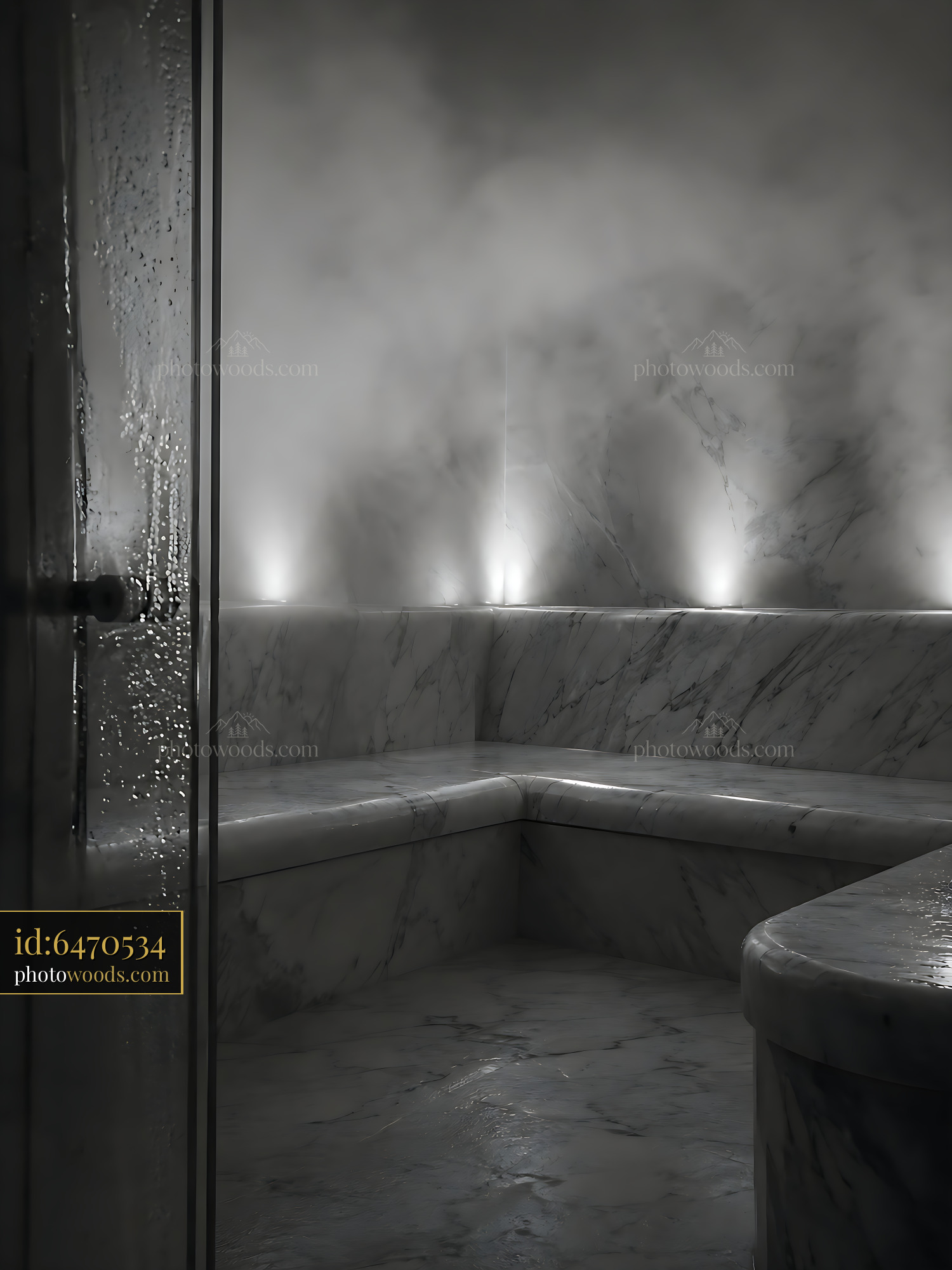Steam Fills the Air in a Marble Steam Room With Soft Lighting