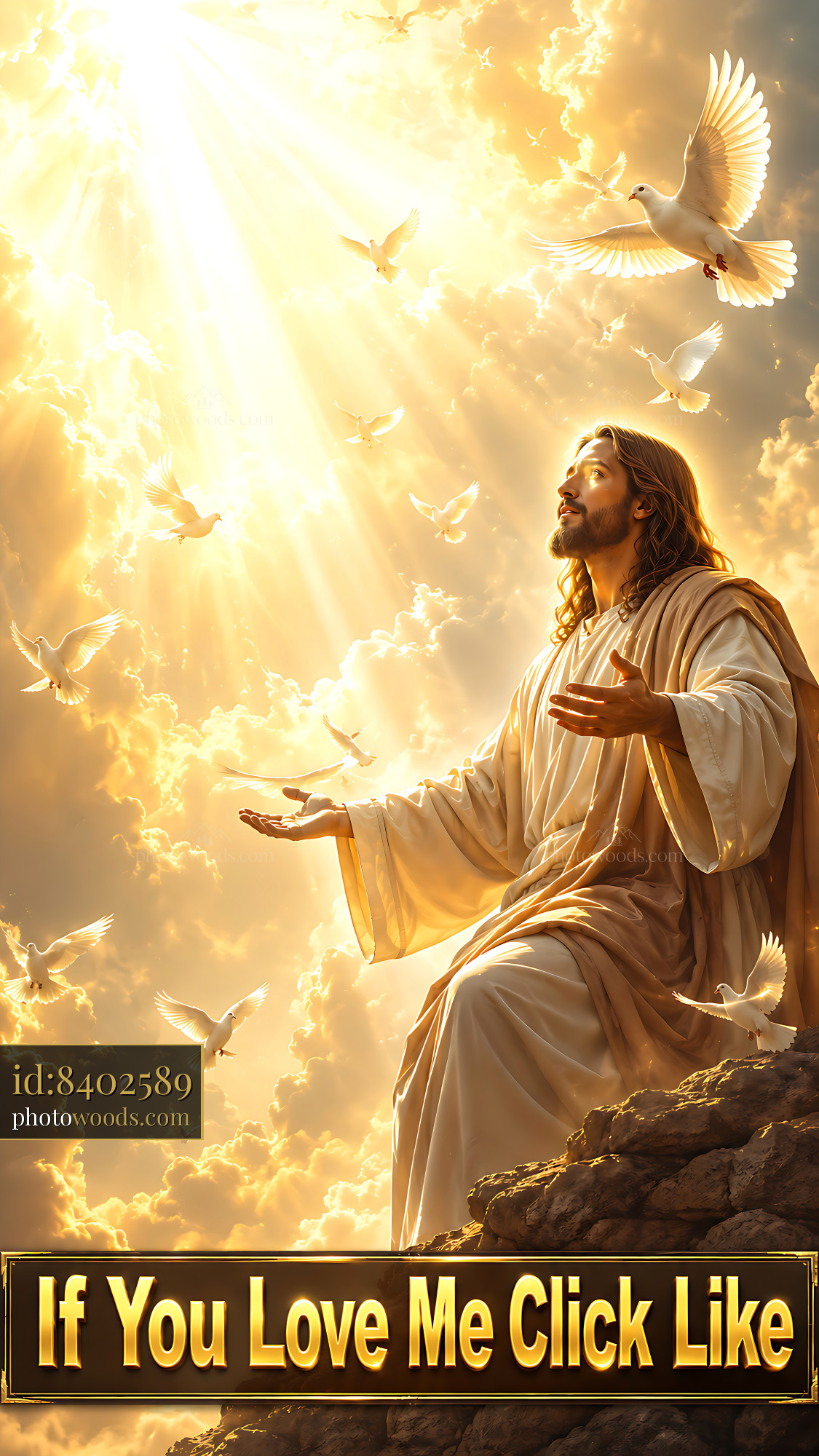 Jesus Spreading Arms With Doves in Bright Clouds Under Sunlight