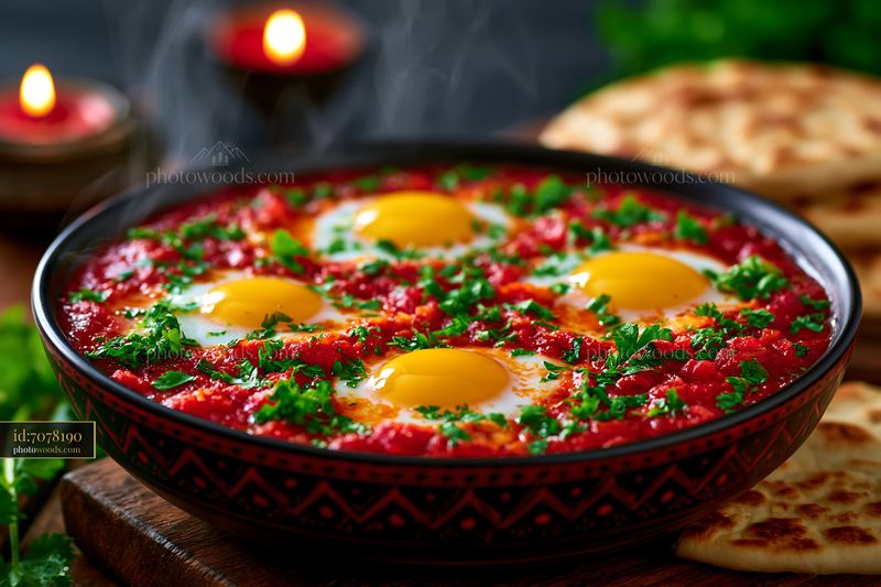 Bowl of Shakshuka With Runny Eggs and Warm Flatbread